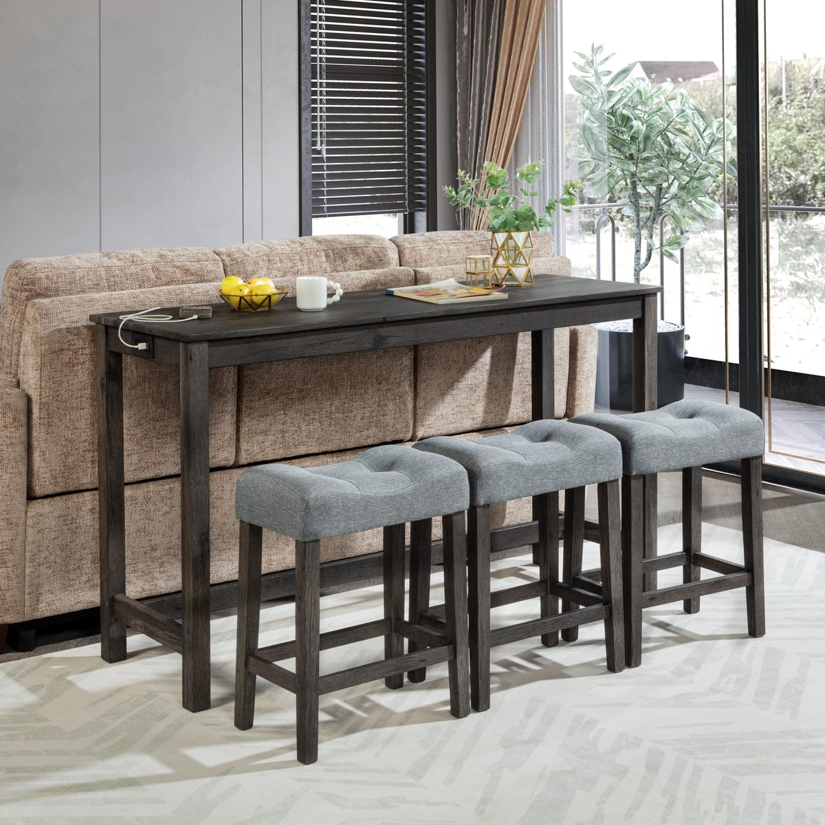 Counter Height Bar Table Set with Power Outlet – 4-Piece Dining Set