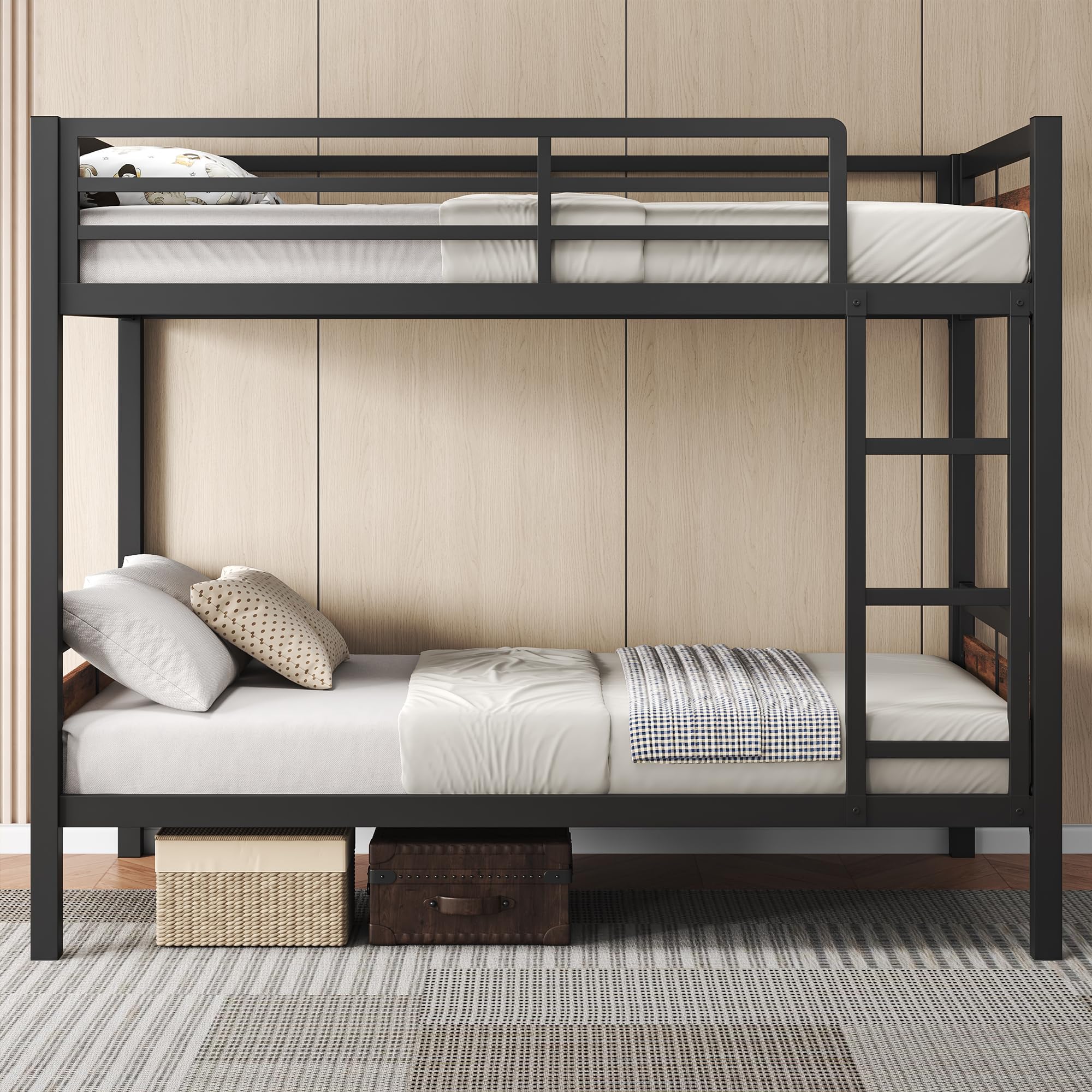 Metal Bunk Bed Twin Over Twin with Ladder and High Guardrail
