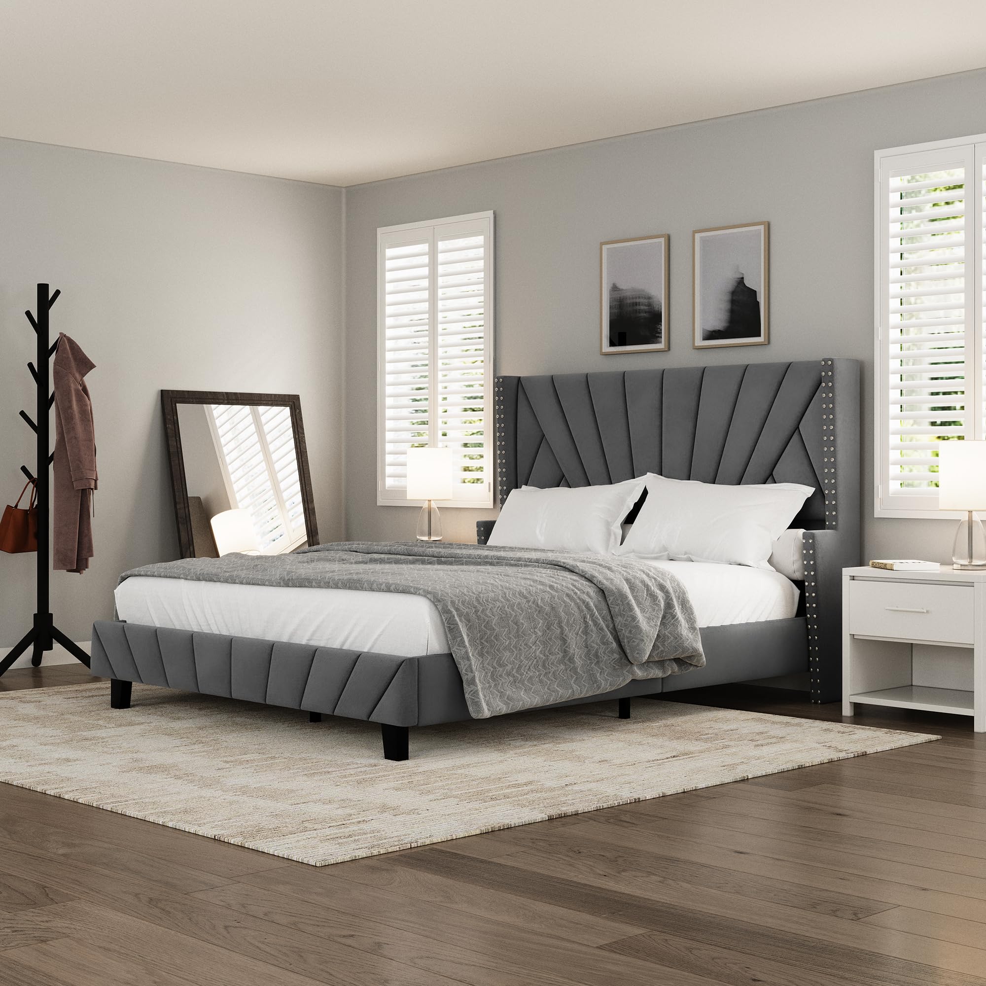 Size Upholstered Platform Bed Frame with 47.8" Tall Velvet Geometri
