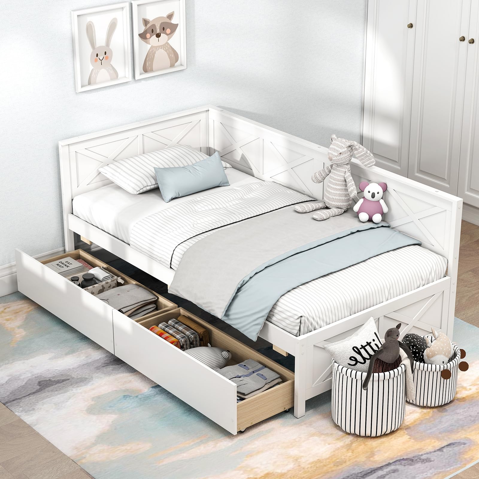 Daybed with 2 Storage Drawers, Wooden Corner