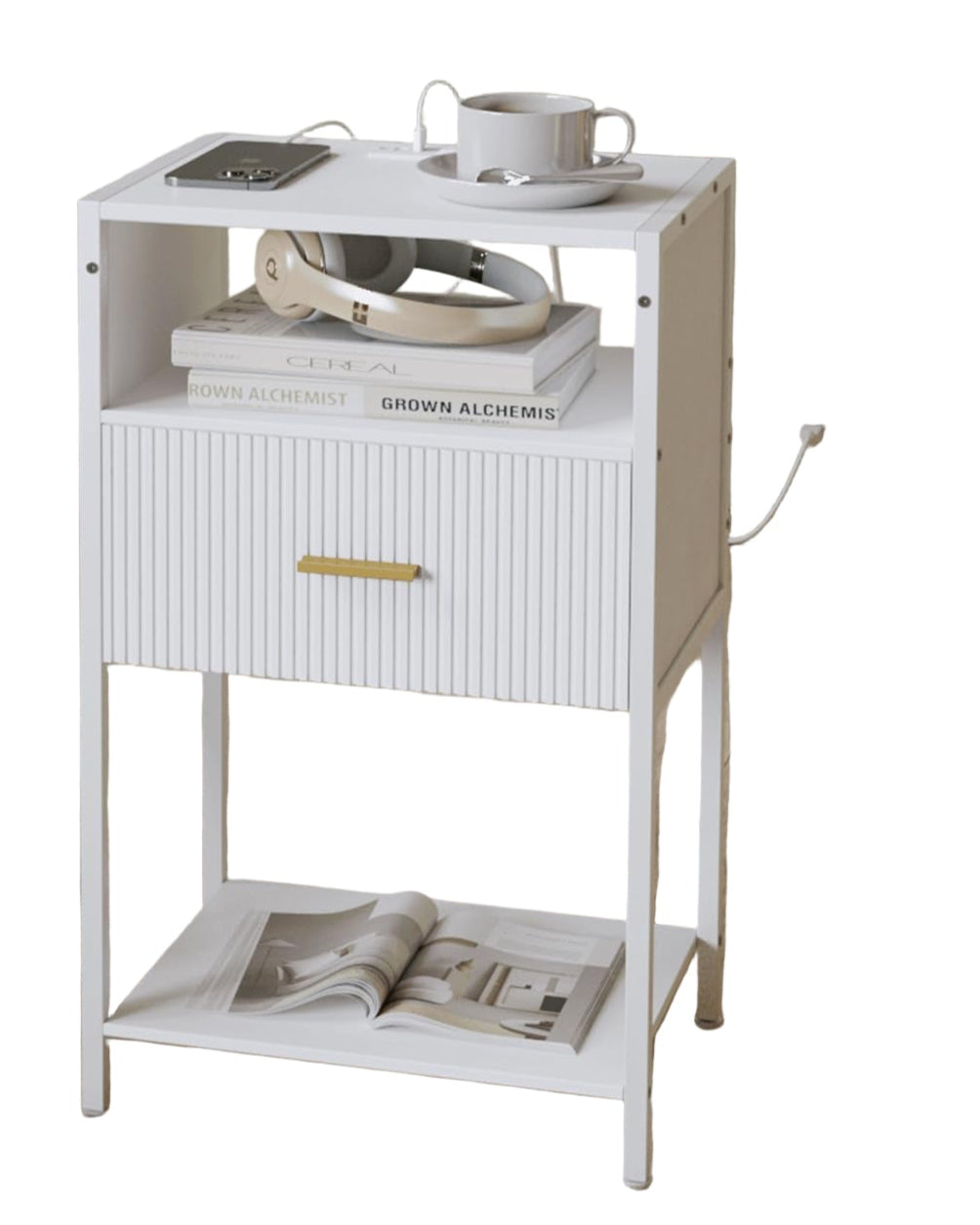 White Nightstand with Charging Station, Fluted Side Table with Drawer