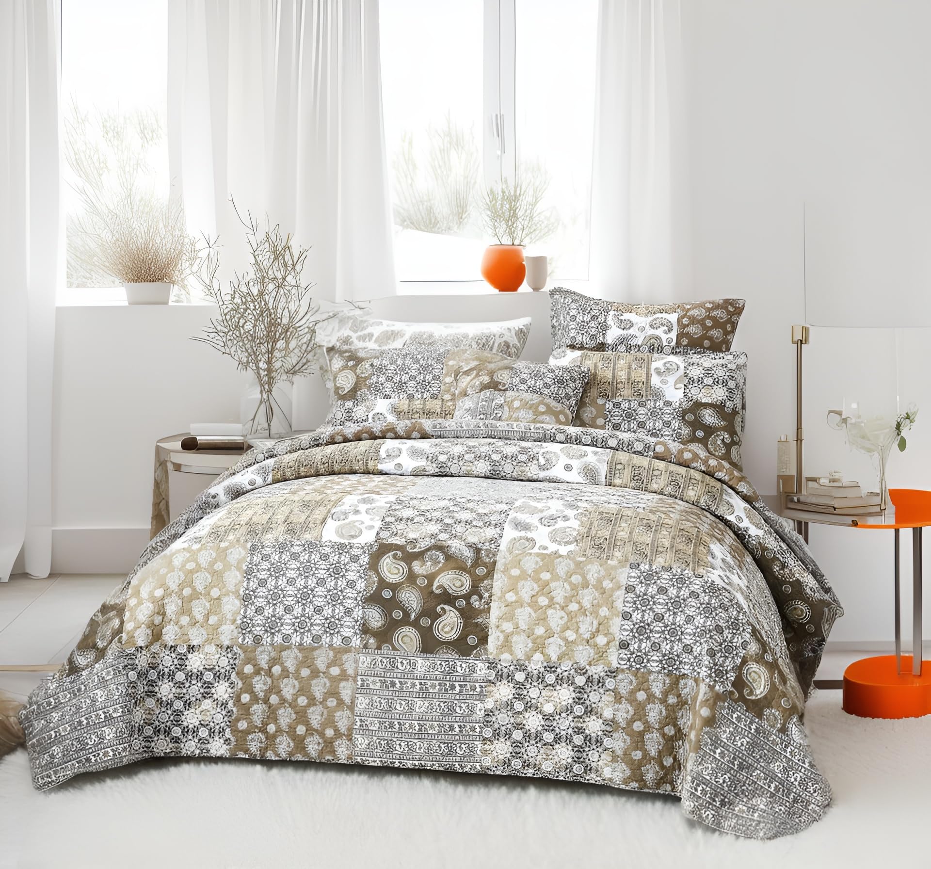 11-Pieces Bohemian Bed in a Bag Set - Paisley Dreams Floral Brown Green Cotton