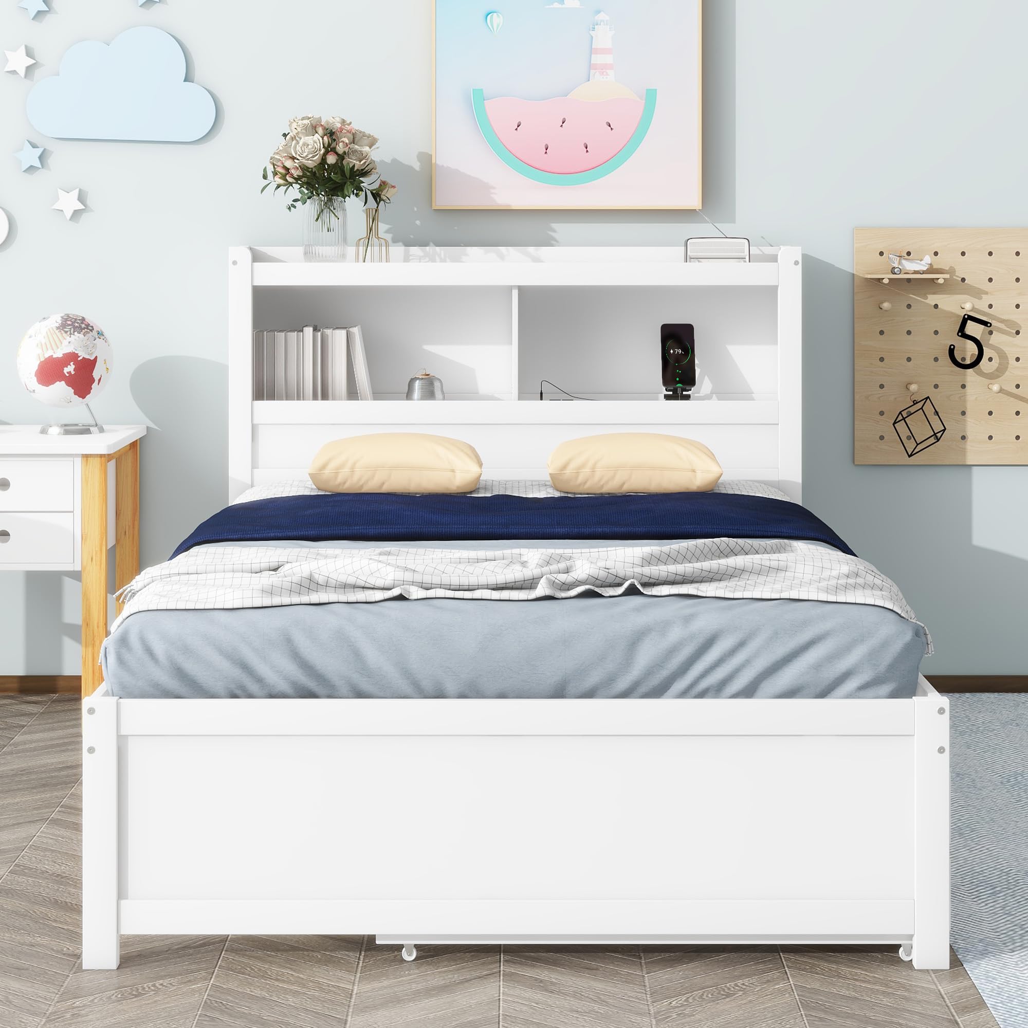 Frame with Storage Headboard with Charging Station, Wood Captain Bed