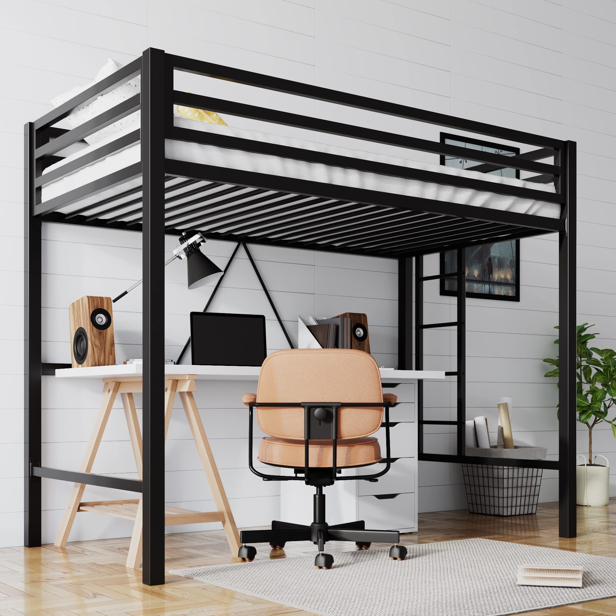 Size with Ladder and Guardrail,Heavy Duty Metal Slats Support No Box Spring
