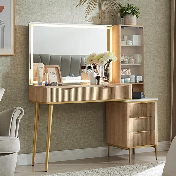 Fluted Makeup Vanity Desk with 36" HD Lighted Mirror, 48" Big Modern Vanity
