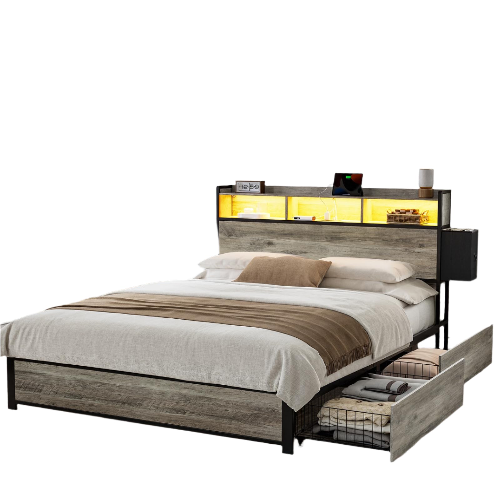 Queen Bed Frame with Bookcase Headboard 2 Storage Drawers LED Lights Metal Platform