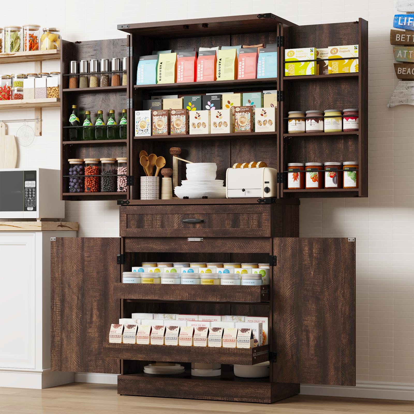 71" Tall Kitchen Pantry Cabinet with 3 Drawers & 6-Door Barn Shelves