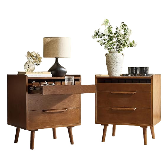 2 Drawer Nightstand with Charging Station, Mid-Century Modern Bedside Tables