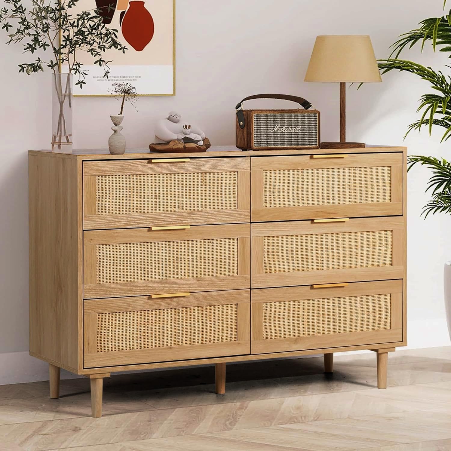 6 Drawer Dresser Rattan Dresser Modern Chest with Drawers