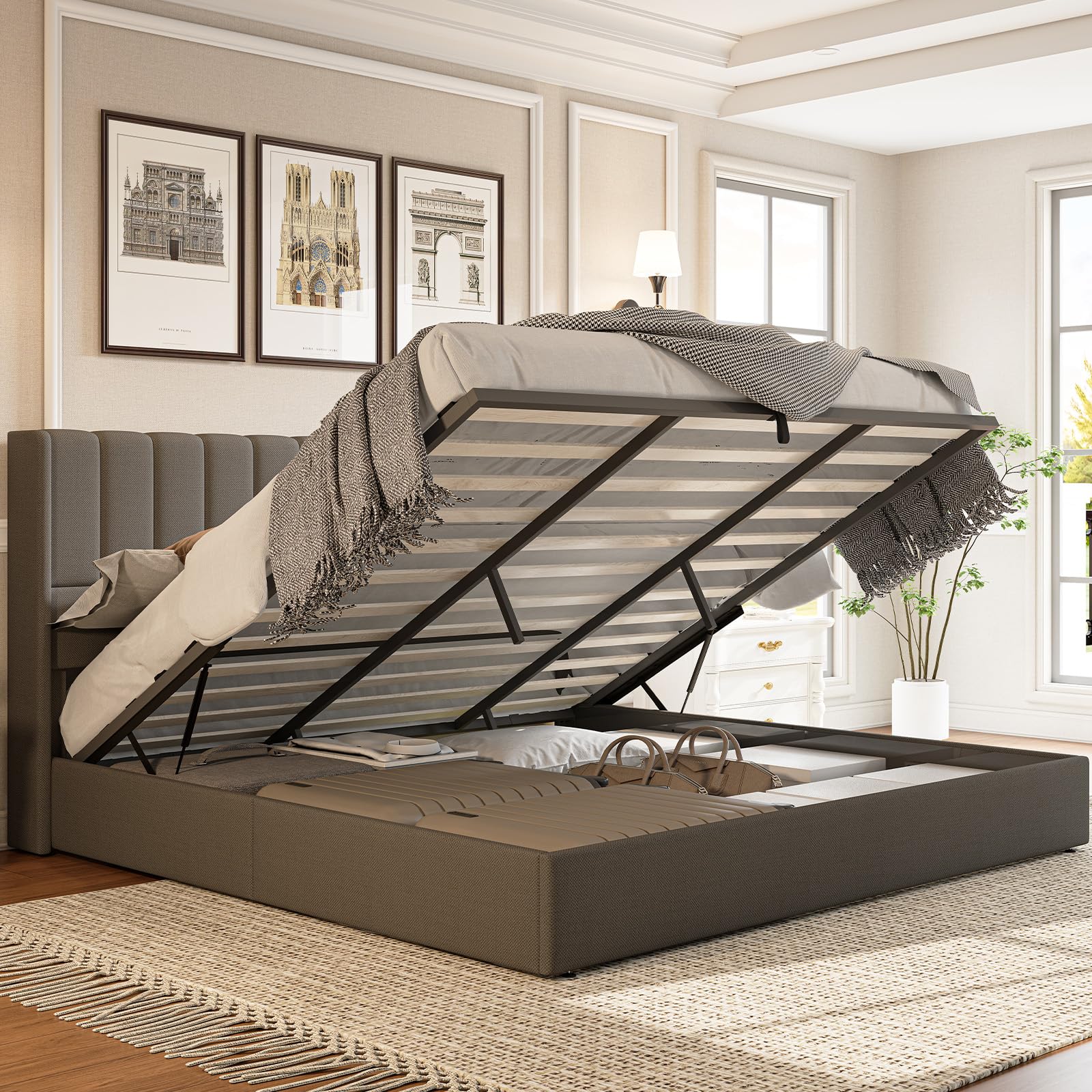 Jocisland King Size Lift Up Storage Bed Frame, Linen Upholstered Platform Bed with Vertical Channel Tufted Headboard and Wingback, Hydraulic System, No Box Spring Needed, Wood Slats Support, Dark Grey