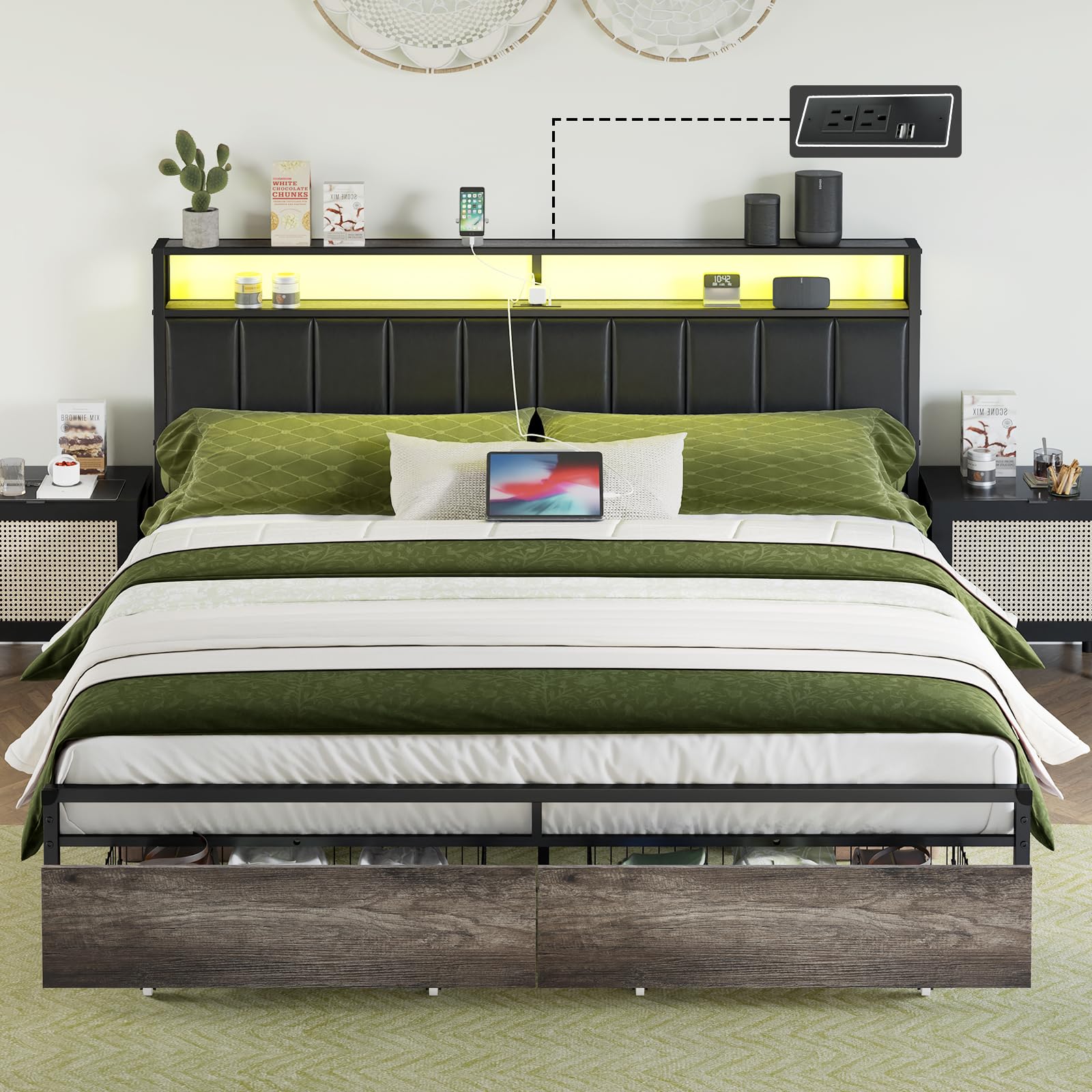 LED Bed Frame with Drawers, King Platform Bed Frame with 2-Tier