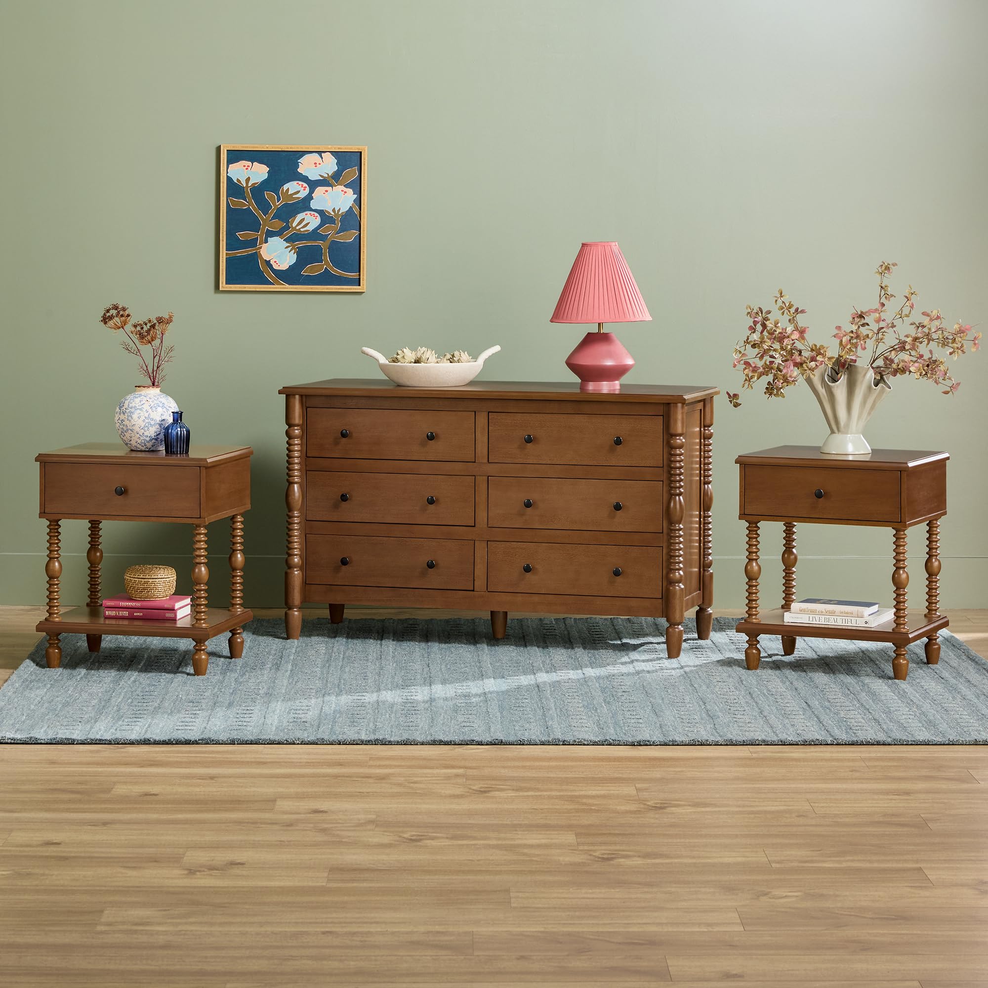 Solid Wood Spindle Vivienne EZ Assembly™ Premium 1-Drawer Nightstands and 6-Drawer