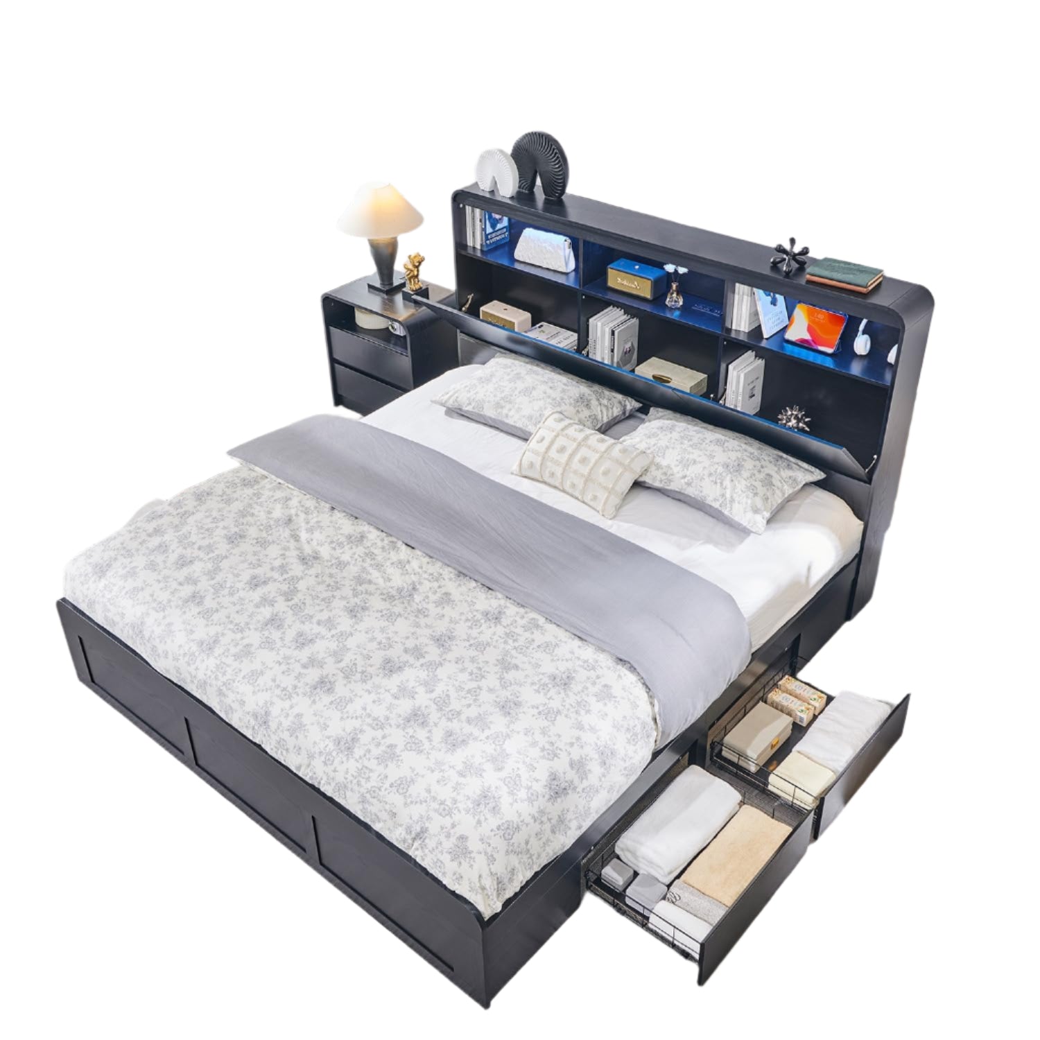 Modern King Size Bed Frame w/50 Tall Storage Headboard, Wood King Size Platform