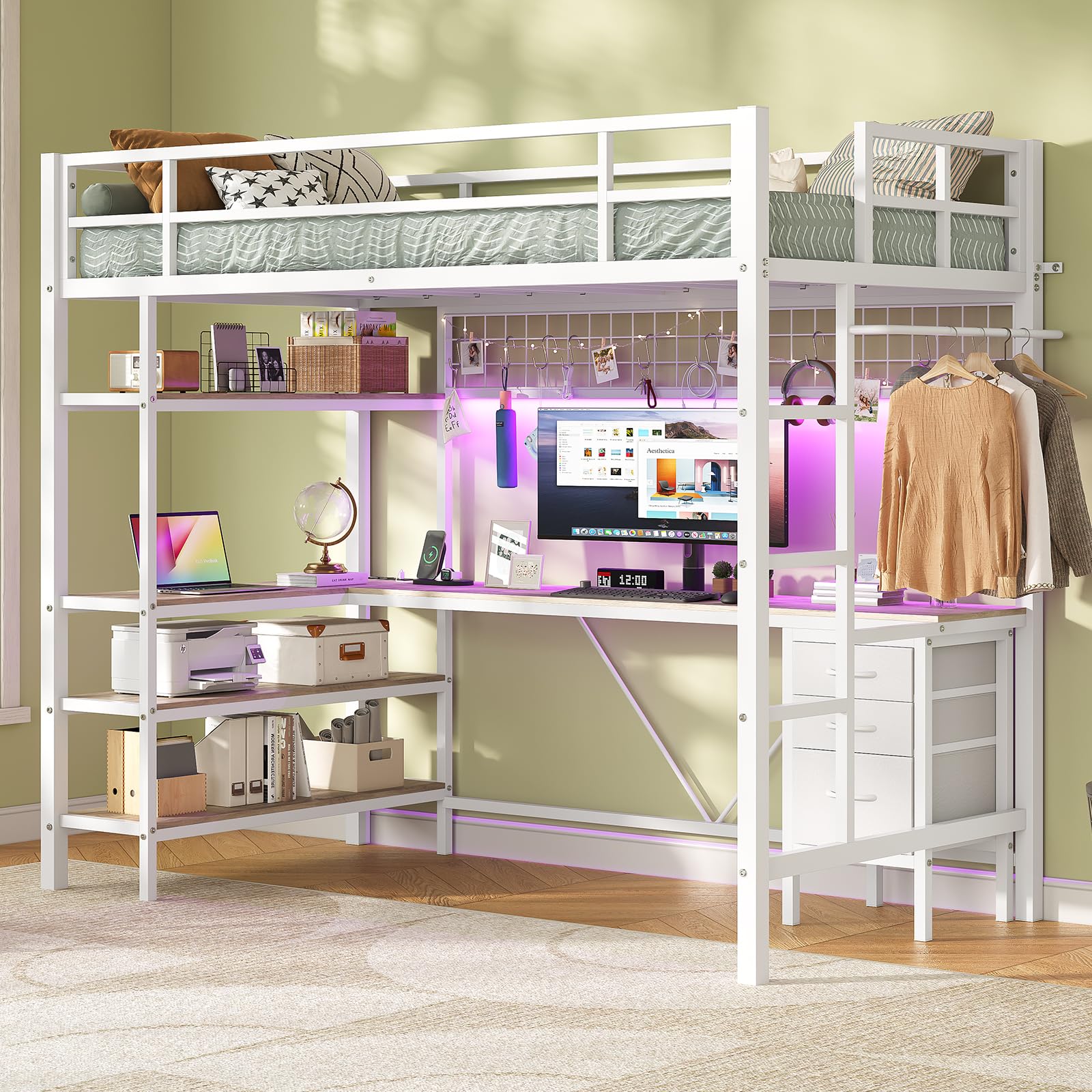 Loft Bed Twin Size with L-Shaped Desk, Charging Station and LED Lights