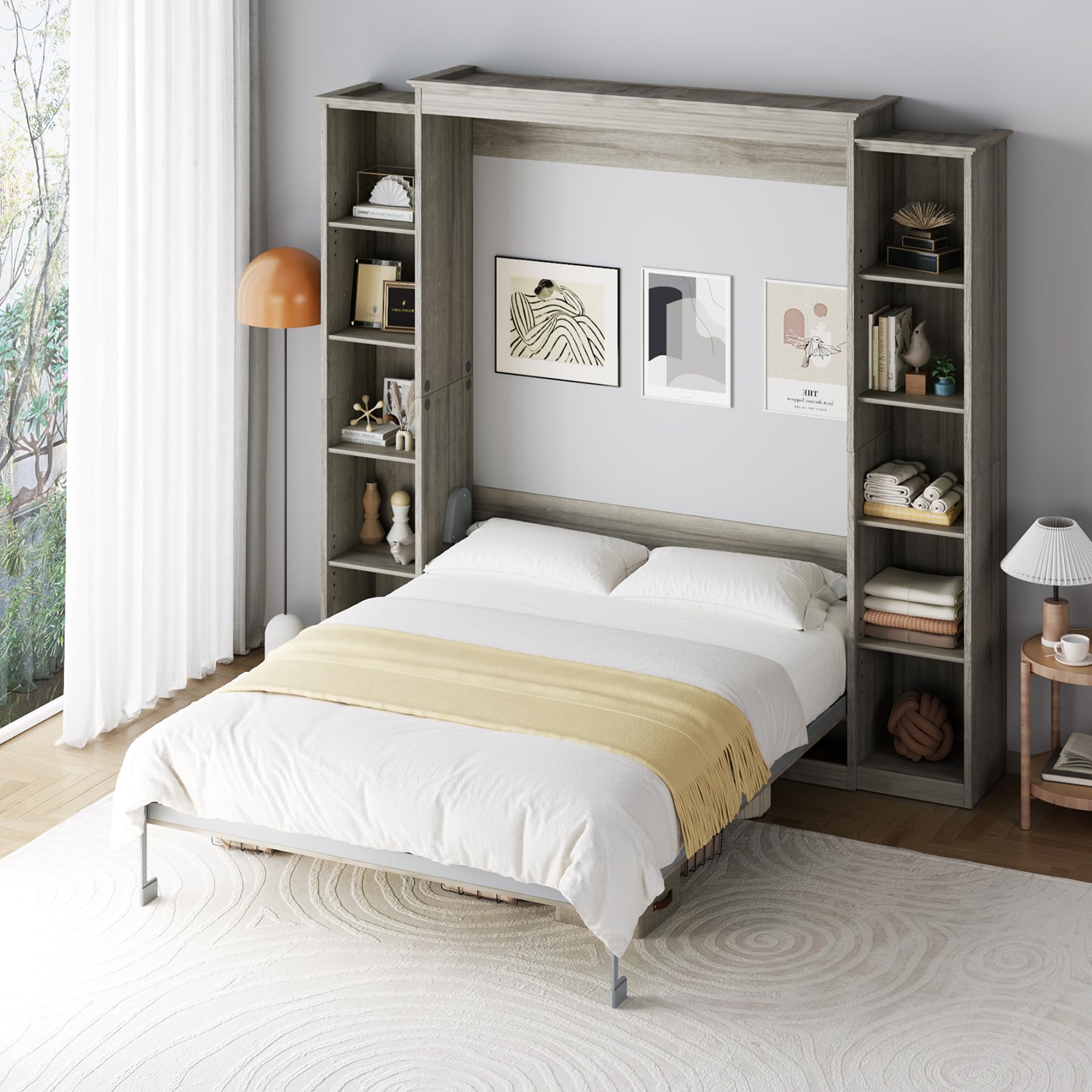 Queen Murphy Bed Cabinet with 5-Tier Adjustable Storage Shelves