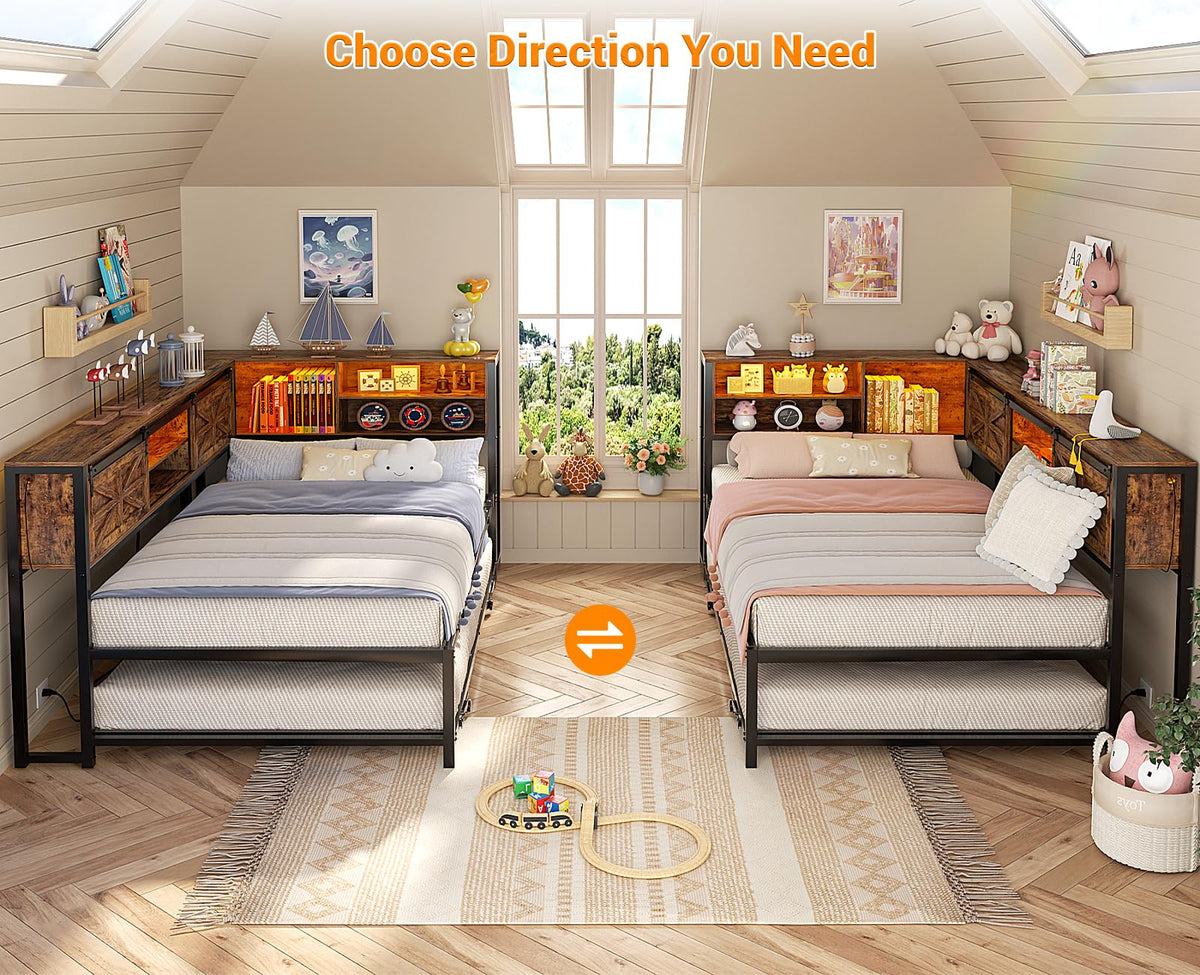 Twin L-Shaped Corner Daybed with Pop-Up Trundle, Storage Bookcase & LED