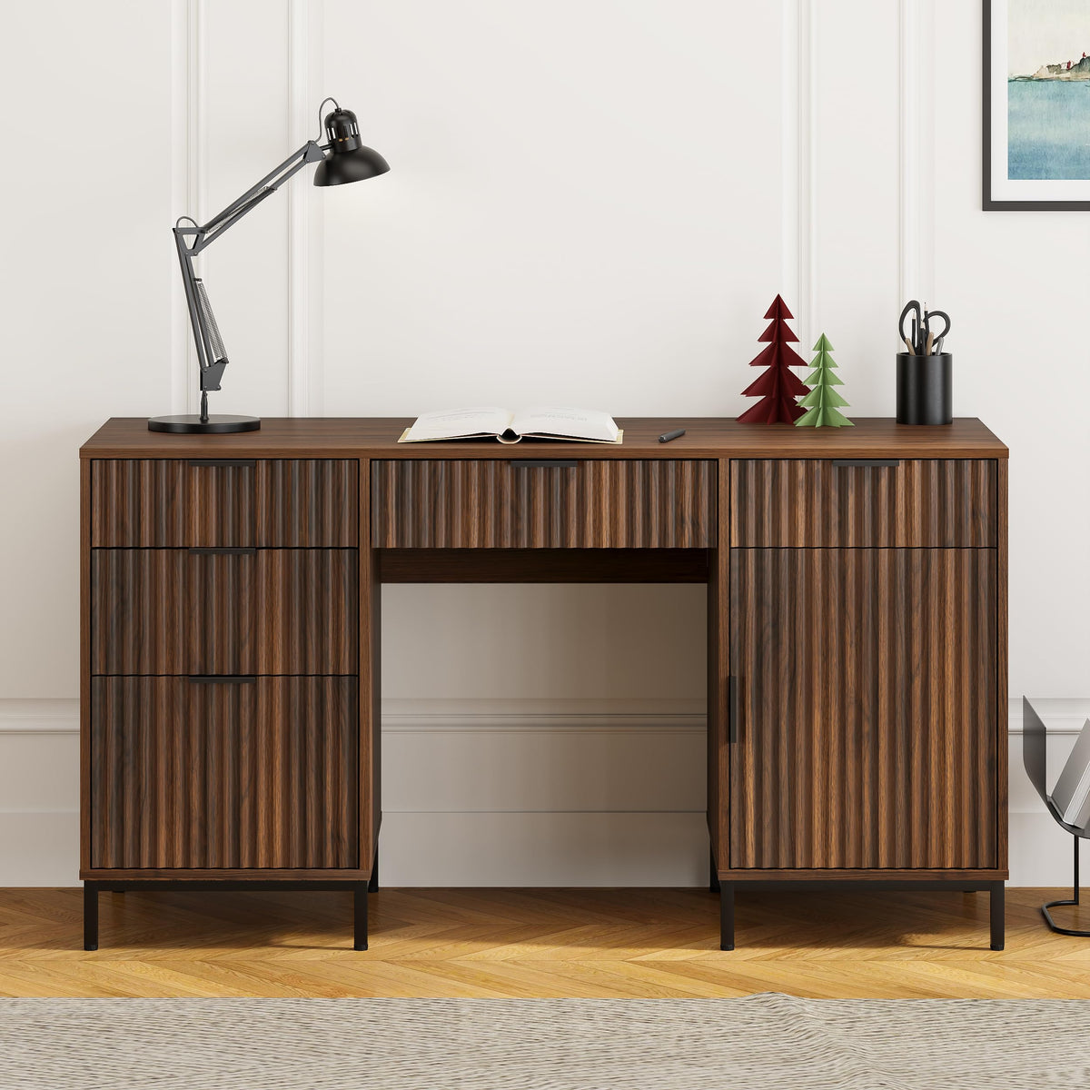 55" Fluted Executive Desk with Storage & Charging Station