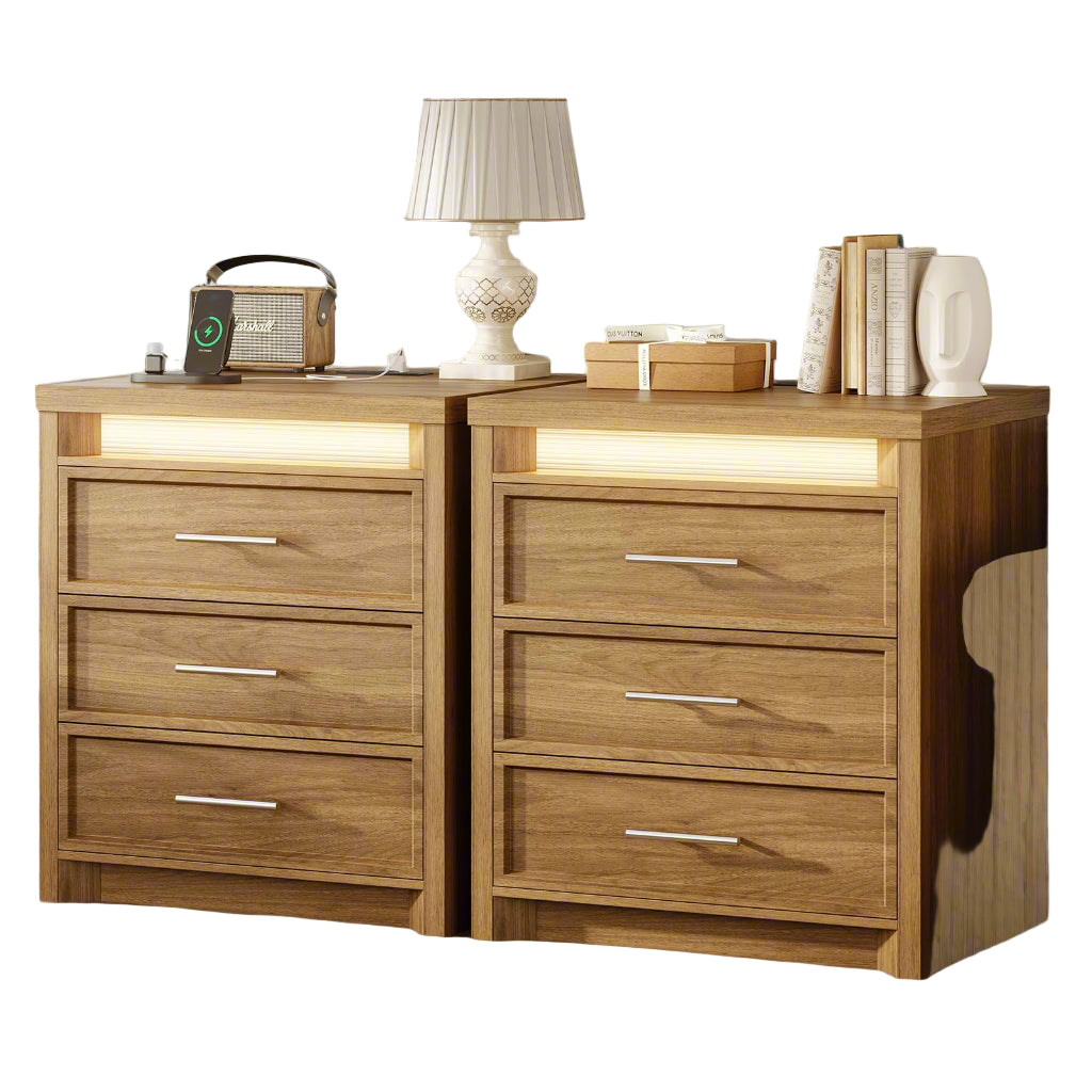 Night Stand Set of 2 with Charging Station,Wood Nightstand Set of 2