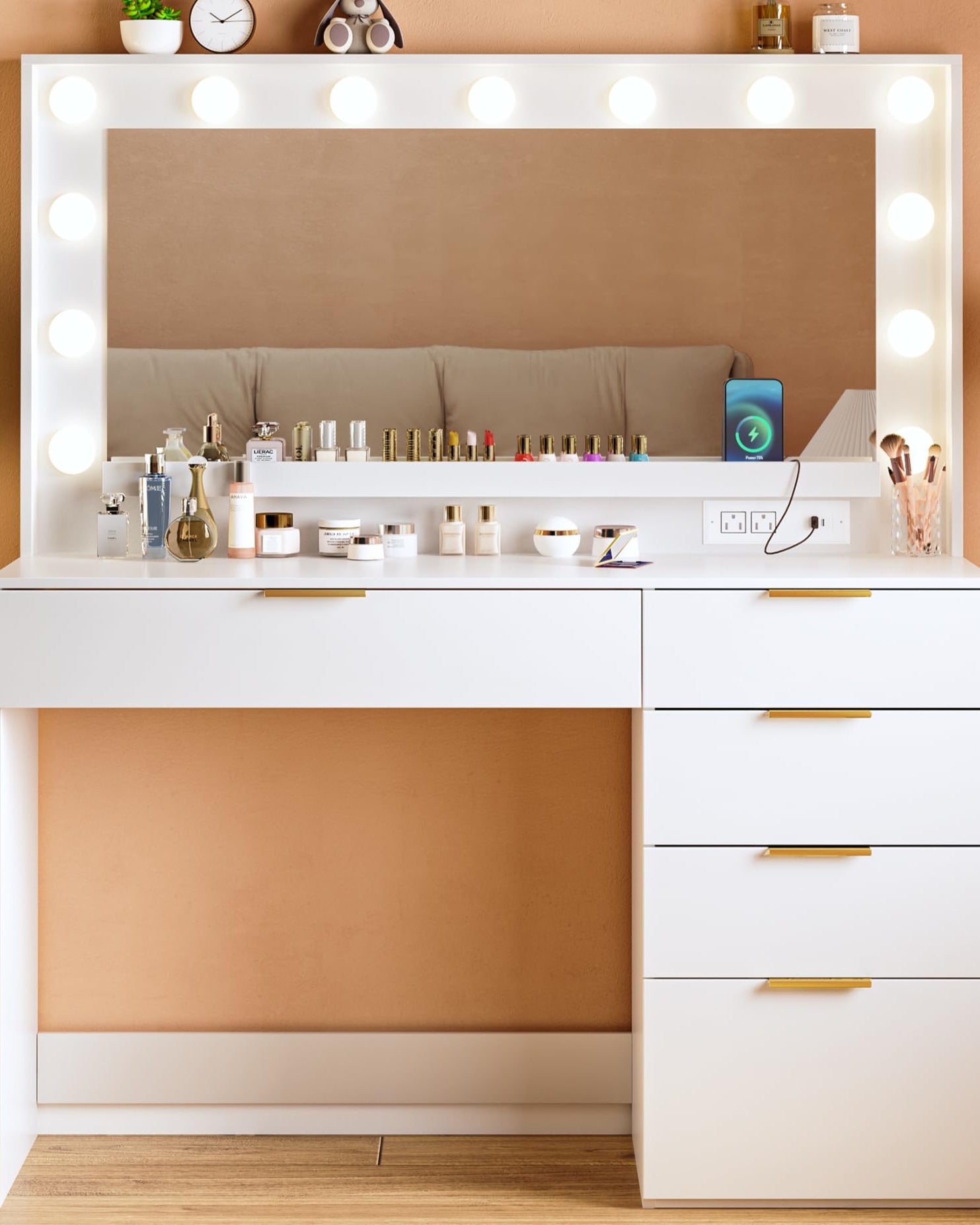 Desk with Mirror and Lights, Makeup Vanity with Large Mirror & 13 Lights
