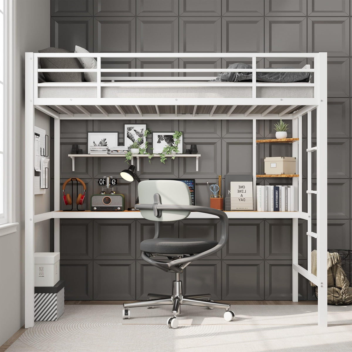 Twin Size Loft Bed with Desk and Storage Shelves