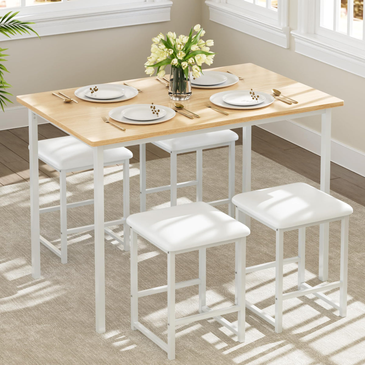 5-Piece Dining Table Set with 4 PU Stools & Metal Frame