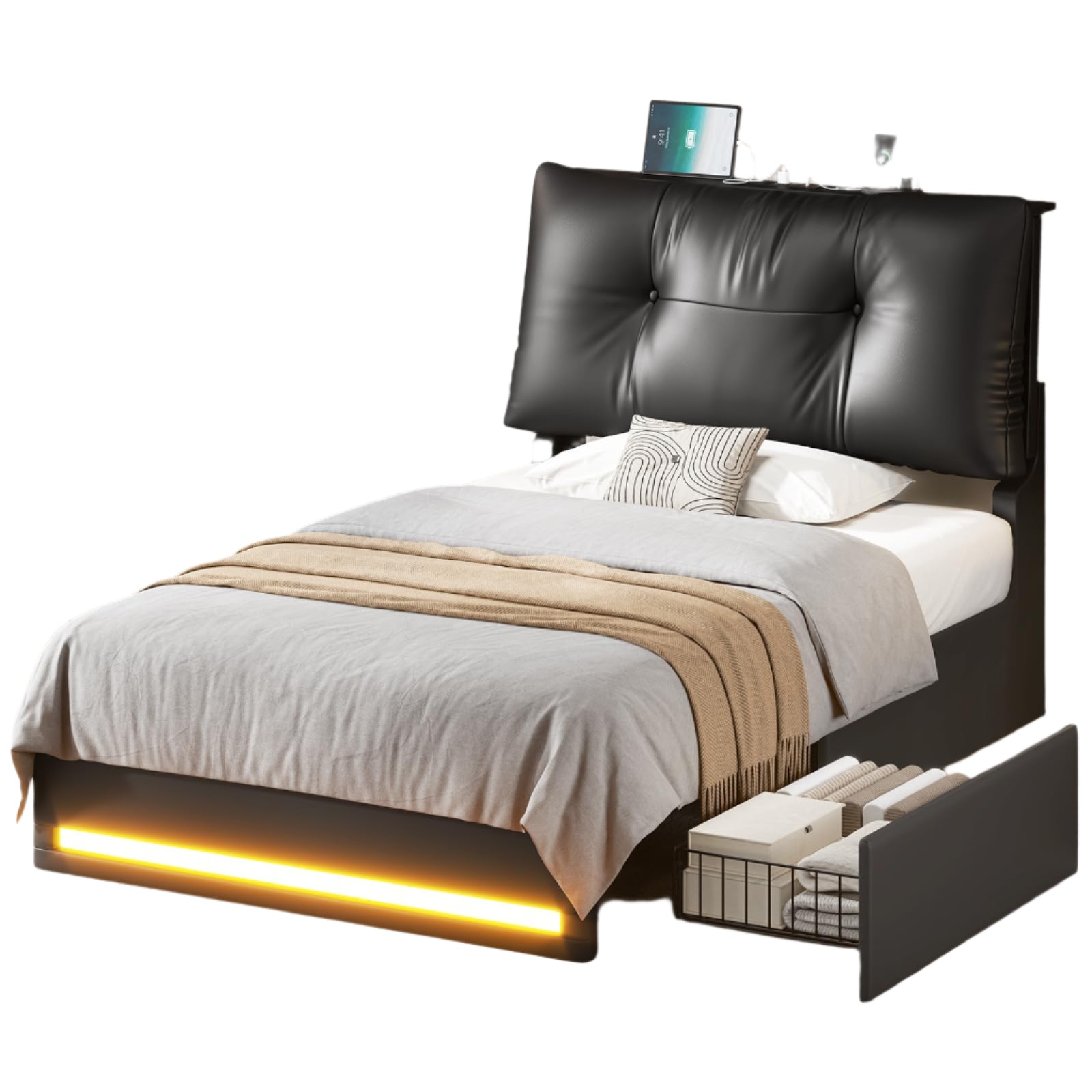 Twin Bed Frame with Removable Upholstered Thick Backrest Headboard, Led Twin Bed