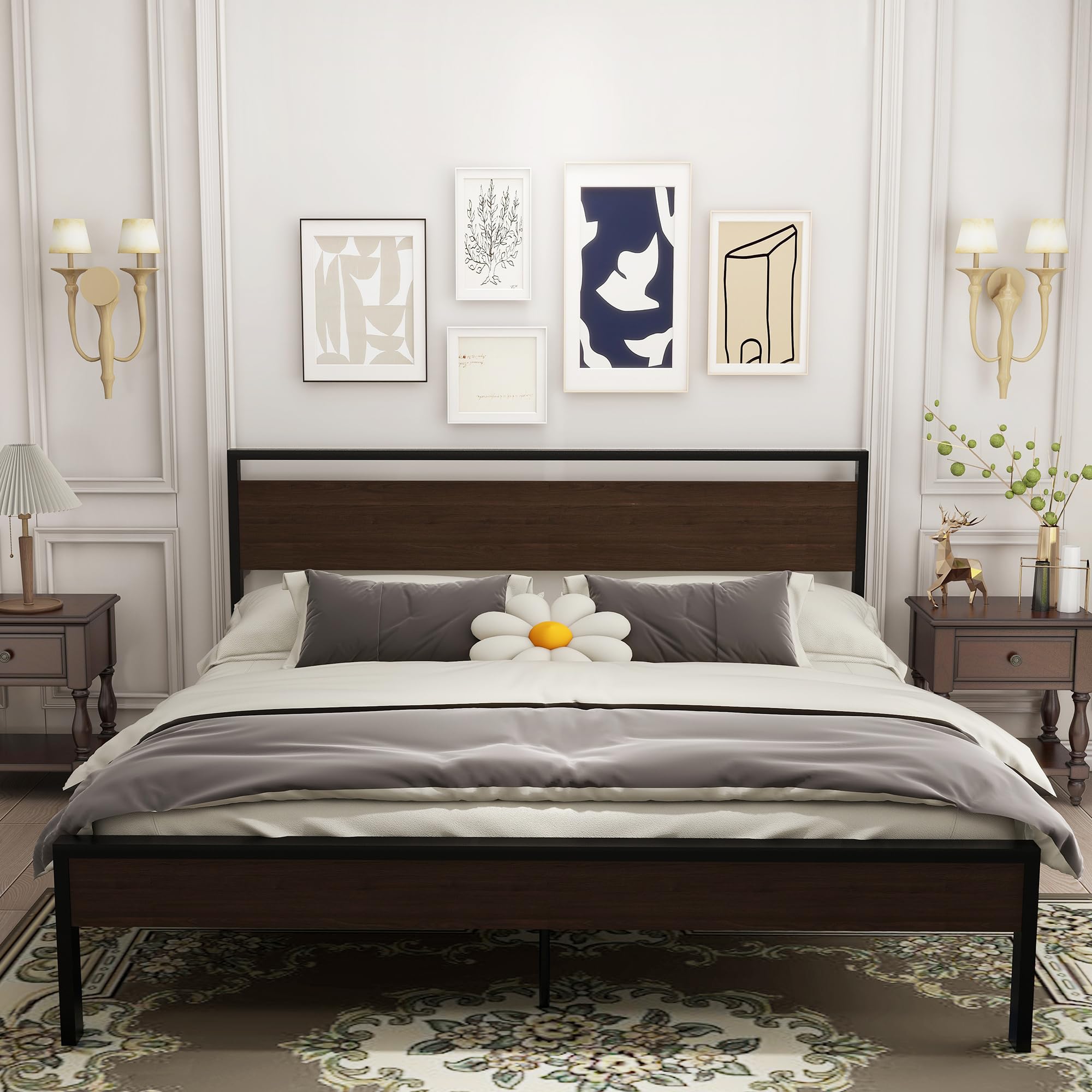 King Platform Bed Frame, King Size with Walnut Wood Headboard & Footboard