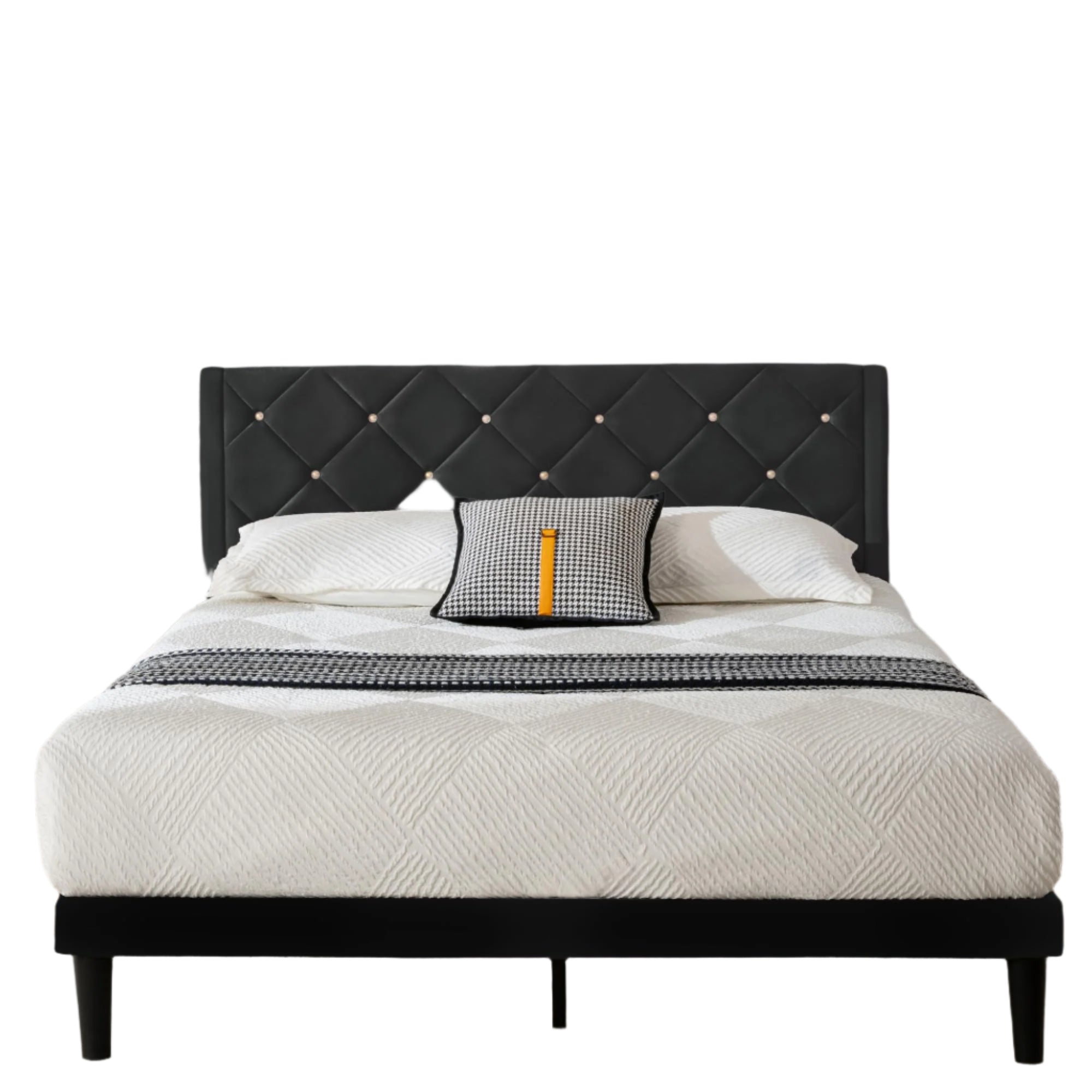 Full Size Platform Bed Frame with Velvet Upholstered Headboard