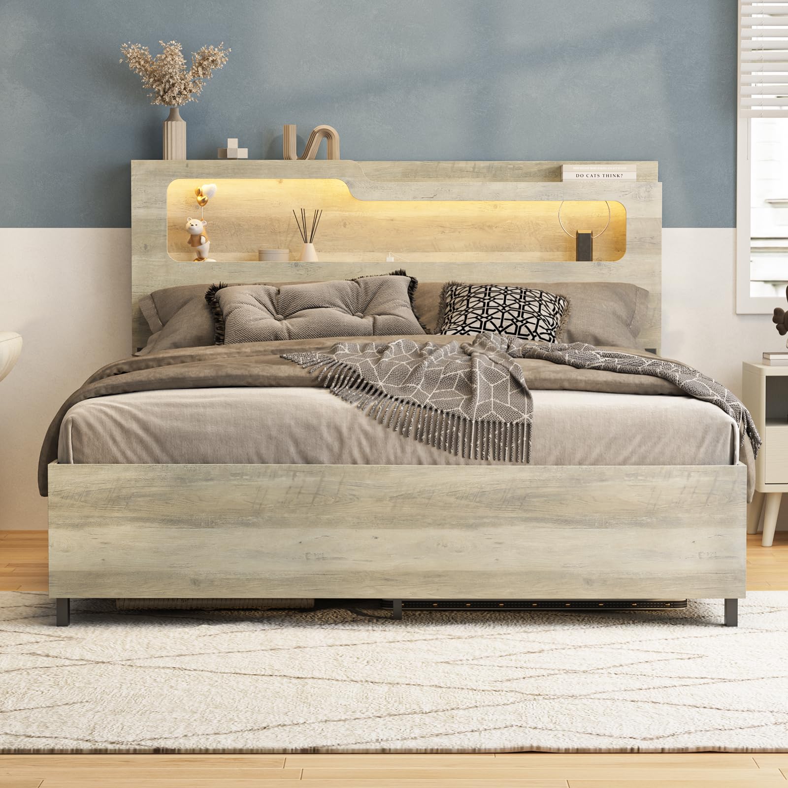 Queen Size Lift Up Storage Bed Frame, 2-Tier Headboard Wooden Platform