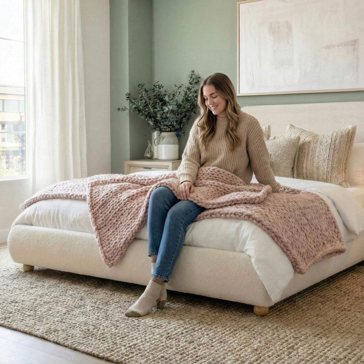 Queen Bed Frame - Boucle Upholstered, Solid Wood Legs