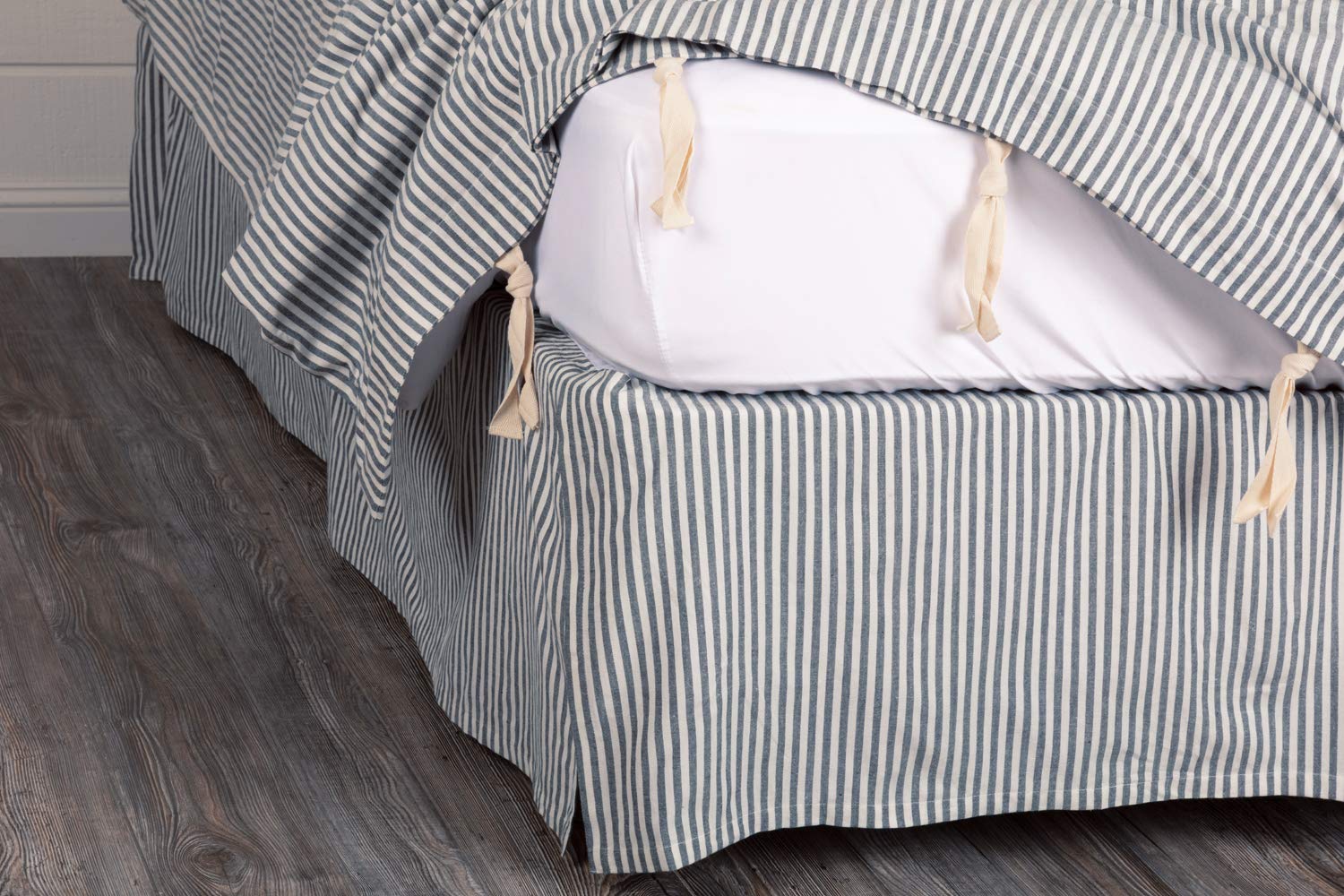 Farmhouse Ticking Stripe Blue Queen Bed Skirt, 100% Cotton