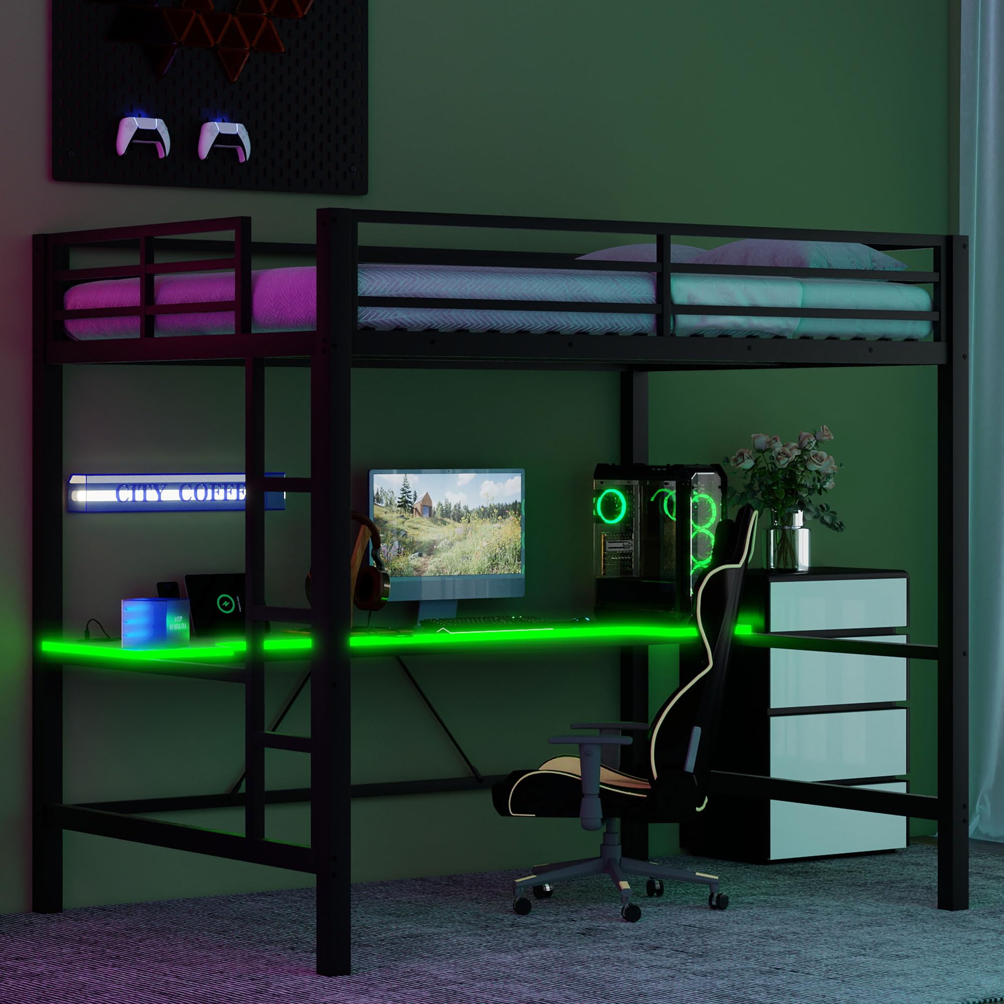 Full Gaming Loft Bed with Desk & LED Lights, Heavy-Duty Metal Loft Bed