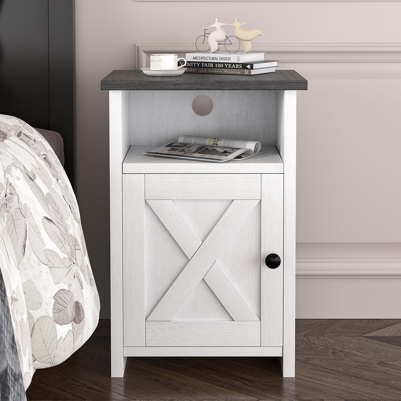 Farmhouse End Table Set of 2, Nightstands with Barn Door and Storage Shelf