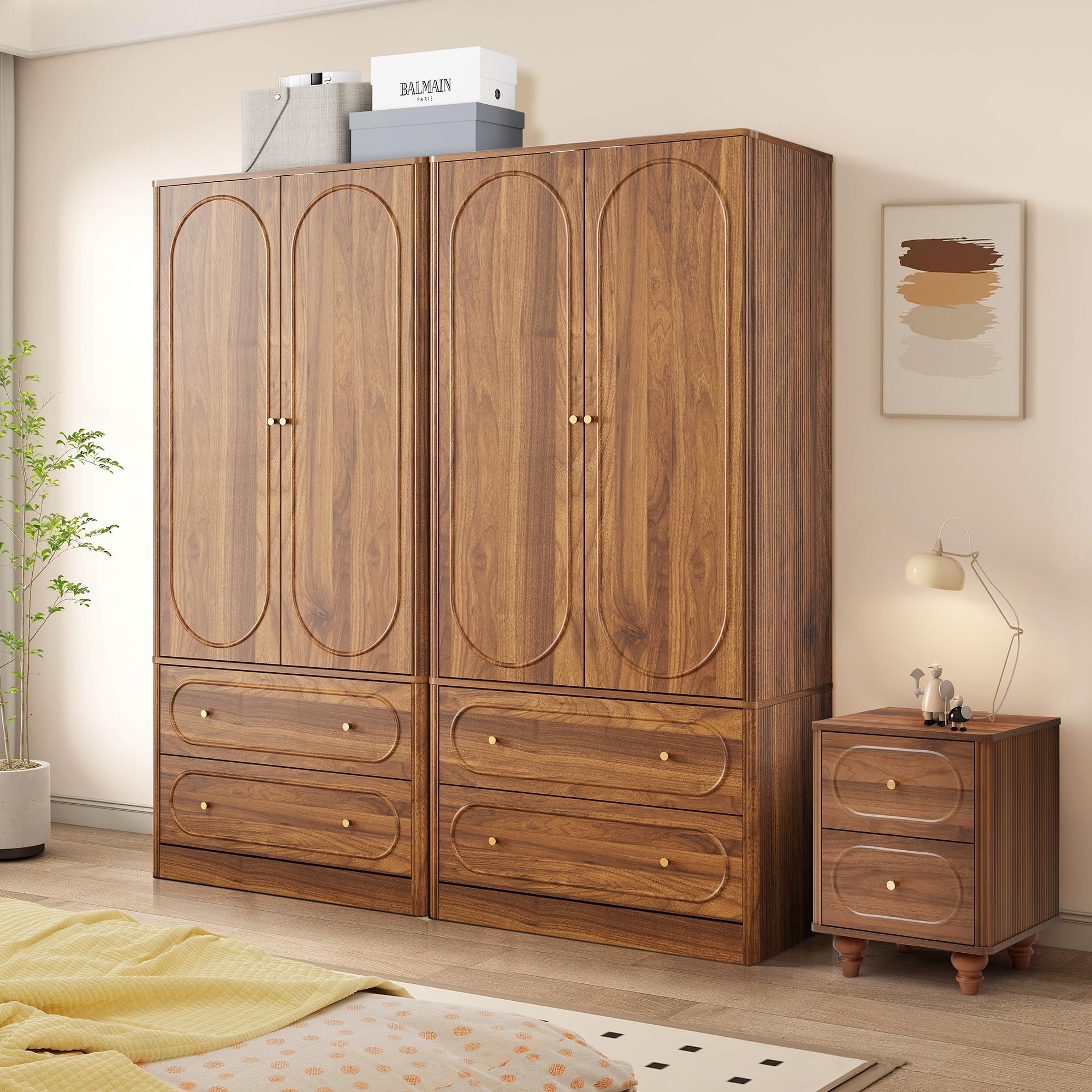 Fluted Freestanding Armoire Wardrobe Closet with 2 Doors and 2 Storage Drawers