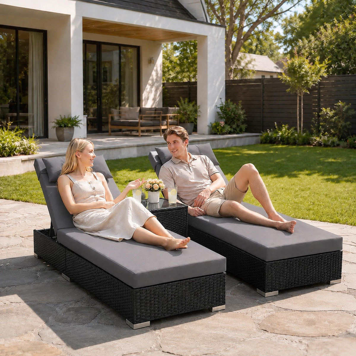 Outdoor Chaise Lounge Set of 2 with Storage Side Table