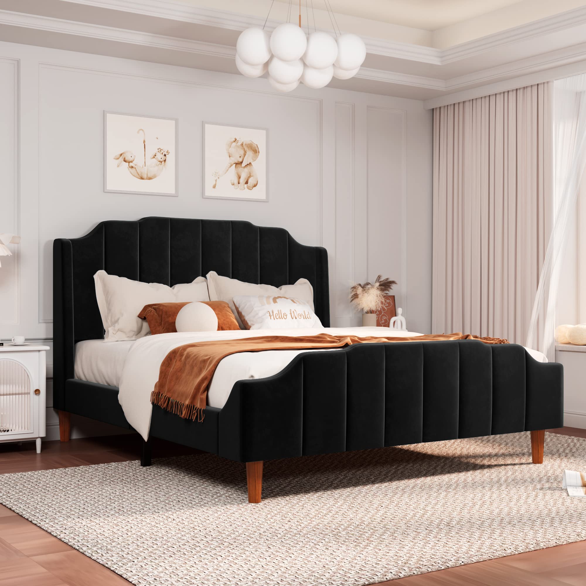 Queen Size Velvet Bed Frame Upholstered Platform Bed