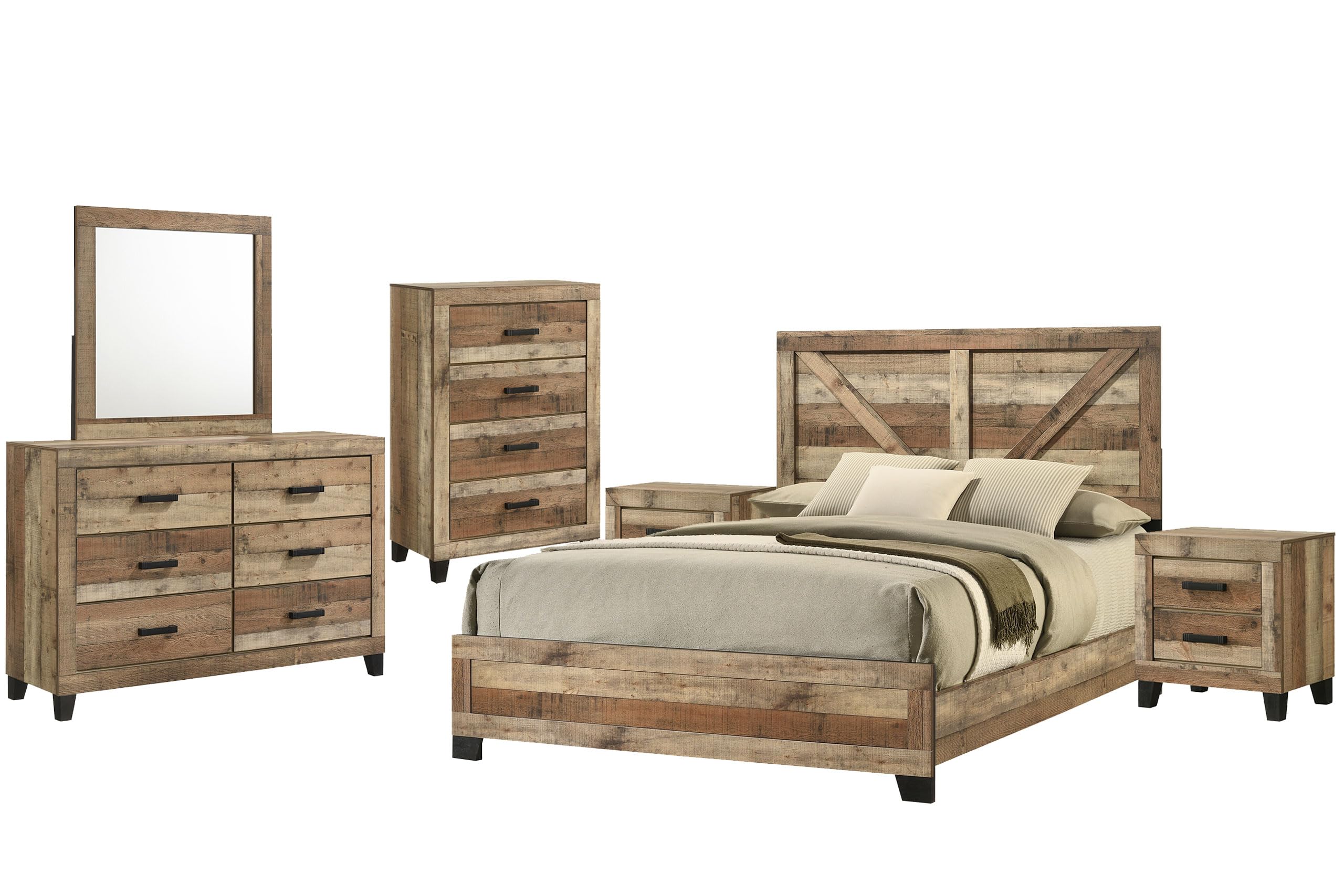 6-Piece Antique Natural Queen Size Bedroom Set - Bed, Dresser, Mirror