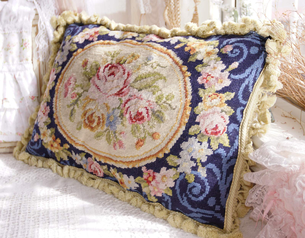 Handmade Needlepoint Pillow Cover – Floral Aubusson 20x14