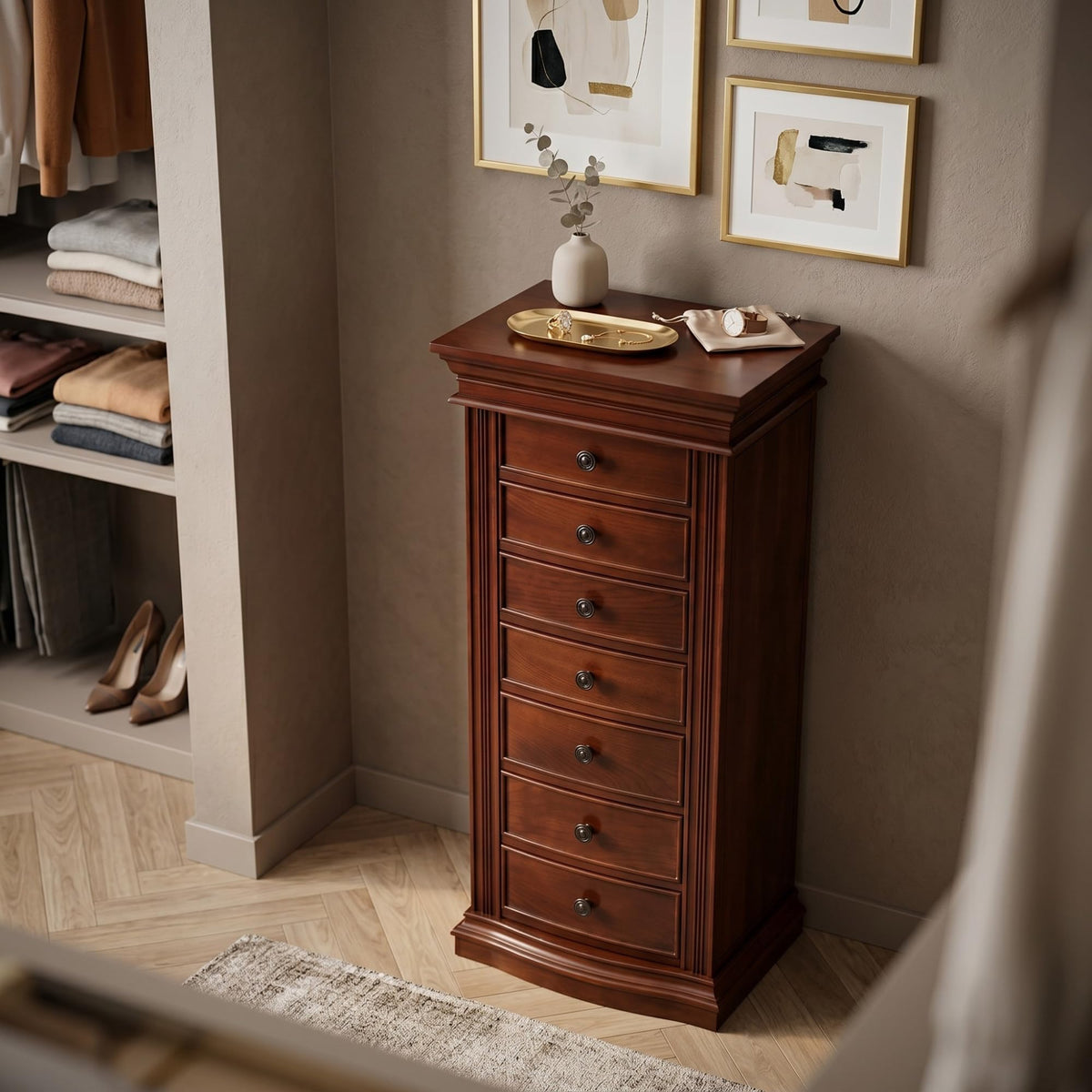 7-Drawer Standing Jewelry Armoire with Mirror & Anti-Tarnish Lining – Dark Walnut