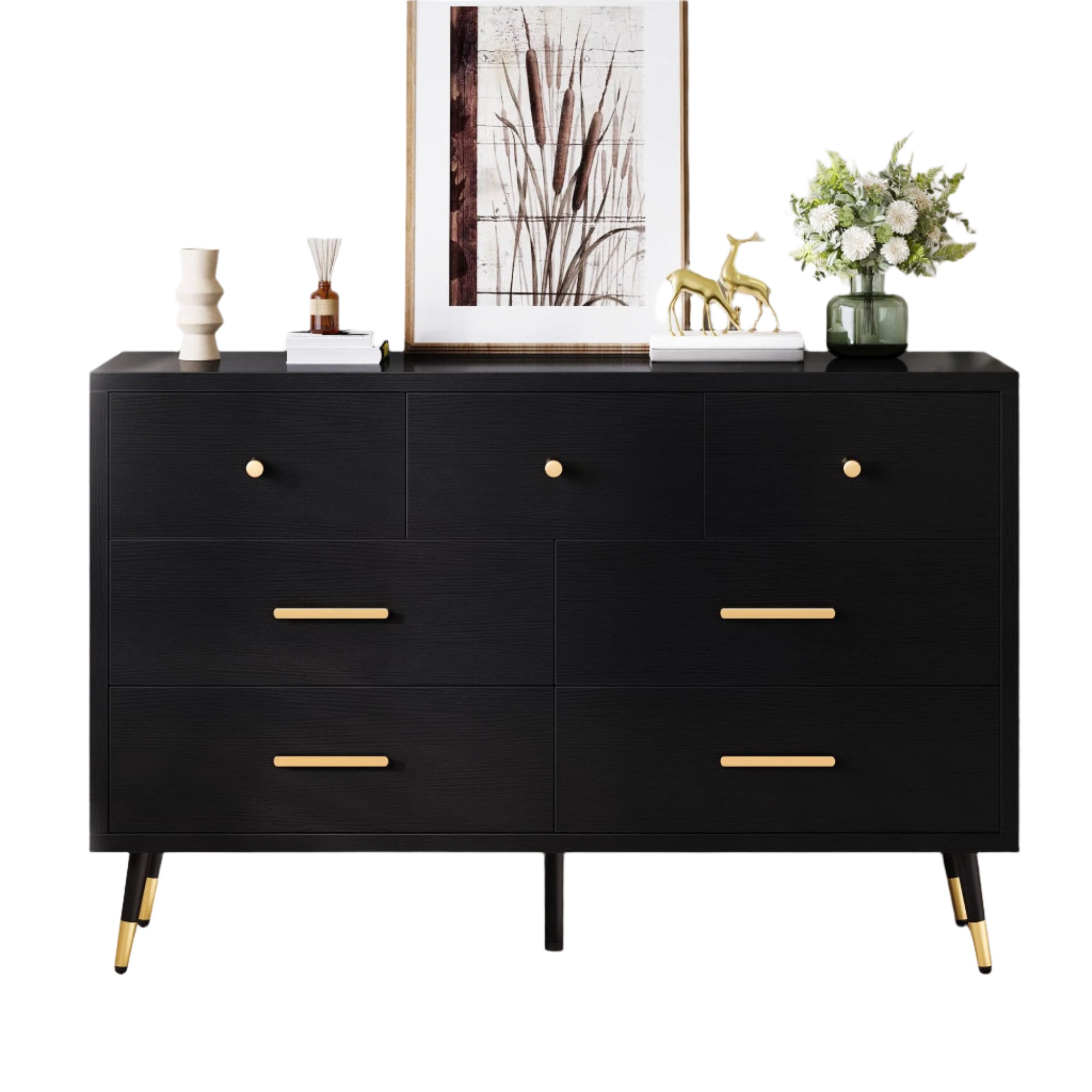 Black Dresser,7 Drawer Dresser with Wide Drawers and Gold Metal Handles