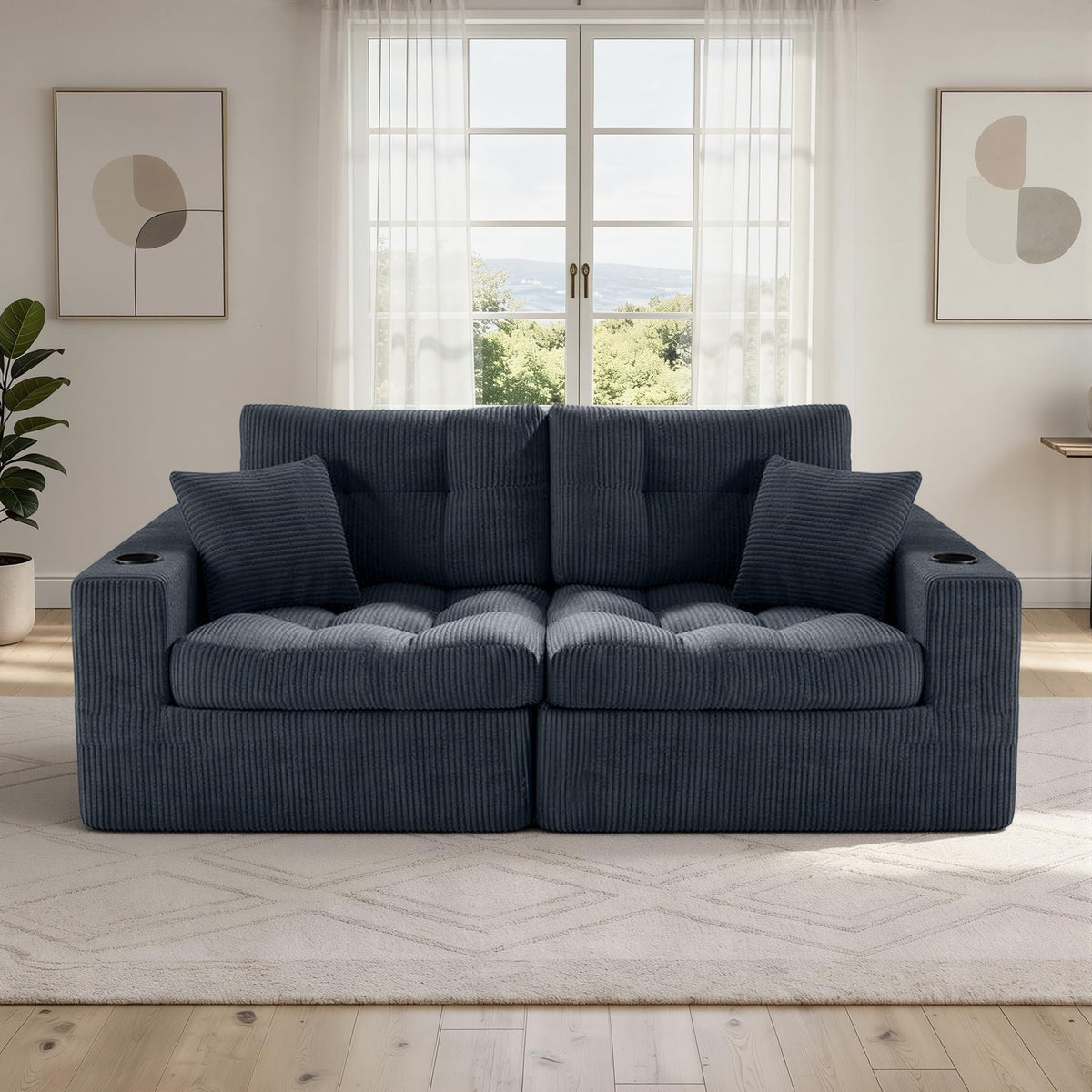 Corduroy Loveseat Sofa with Cup Holder & Side Pockets