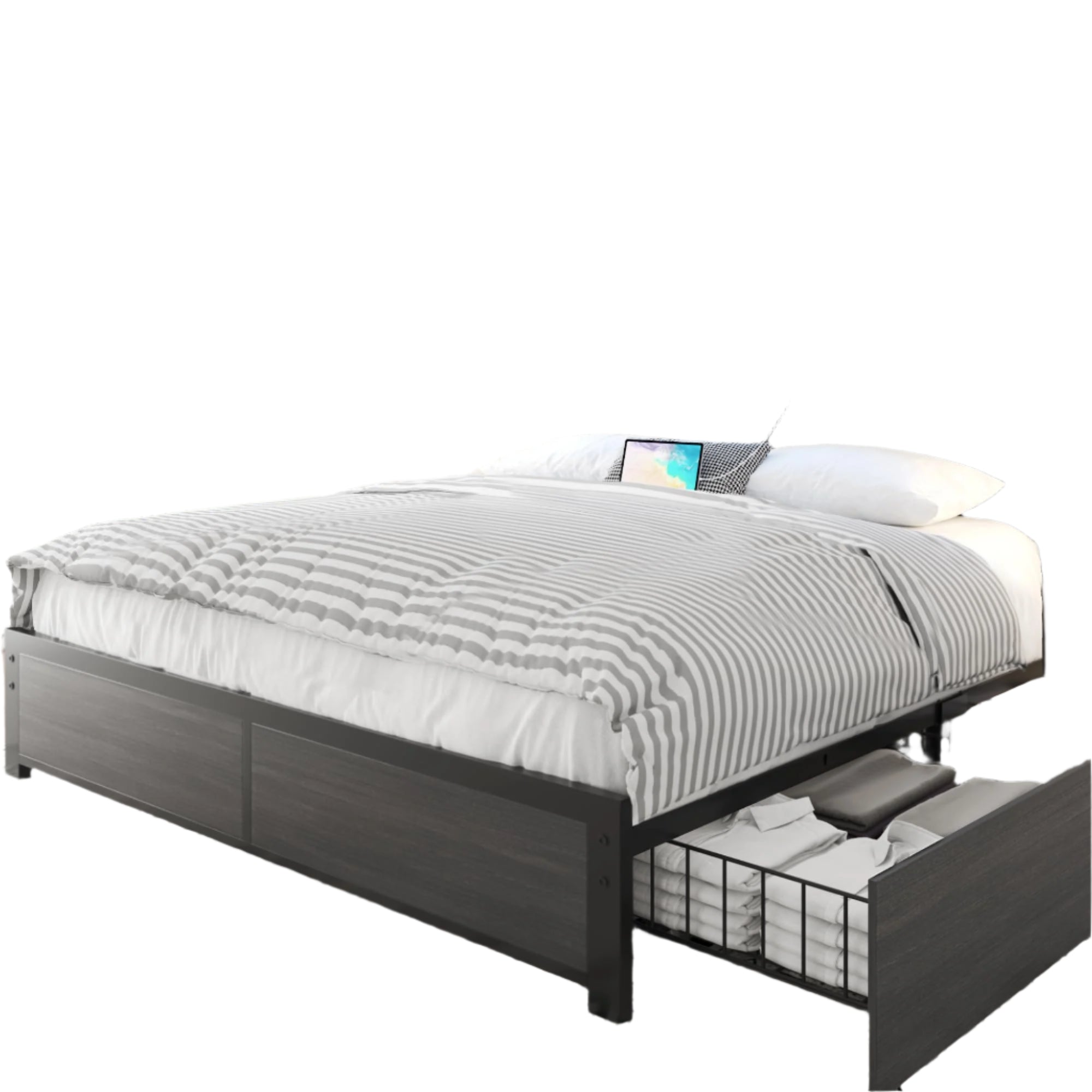 Queen Bed Frame with Headboard, Queen Bed Frame with High Storage Bookcase