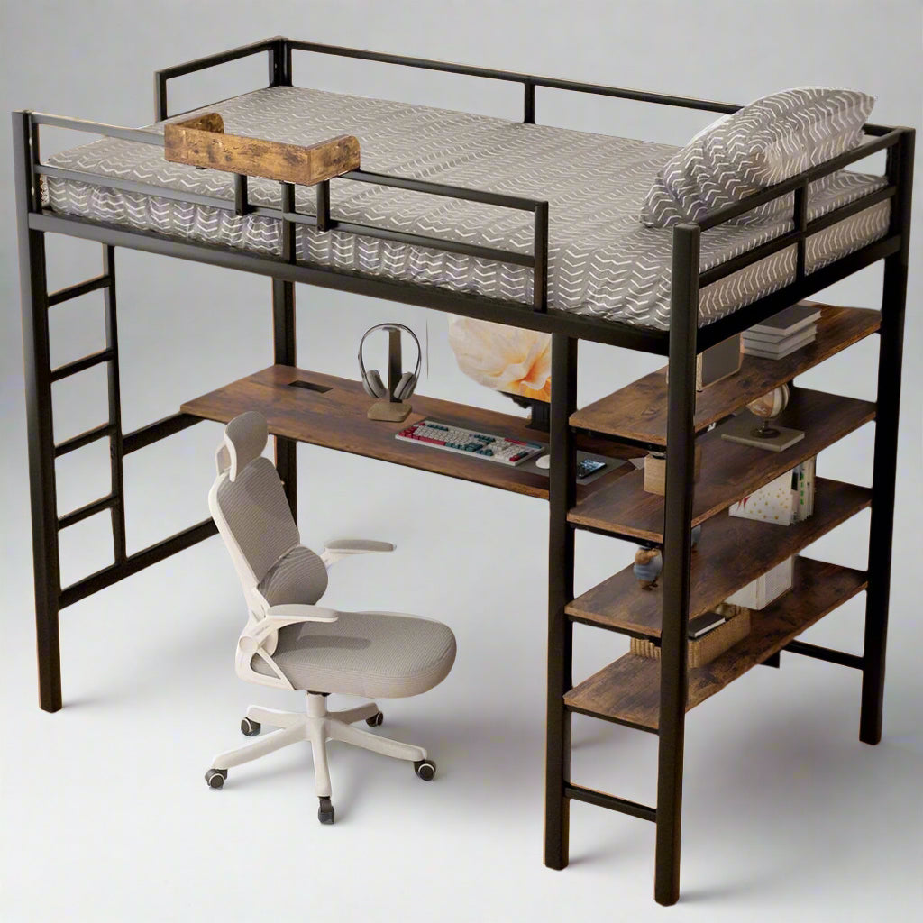 Loft Bed Twin Size with L Desk/ 4-Tier Storage Shelves, Heavy Duty Metal Bunk