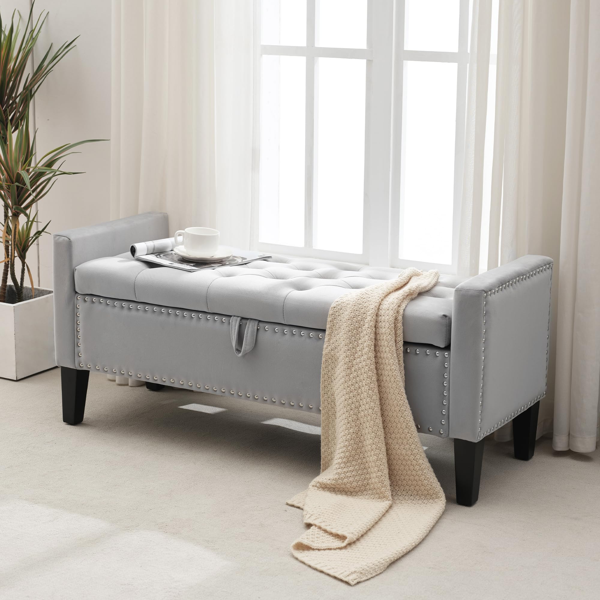 Velvet Storage Ottoman Bench, 45'' Upholstered Button Tufted End