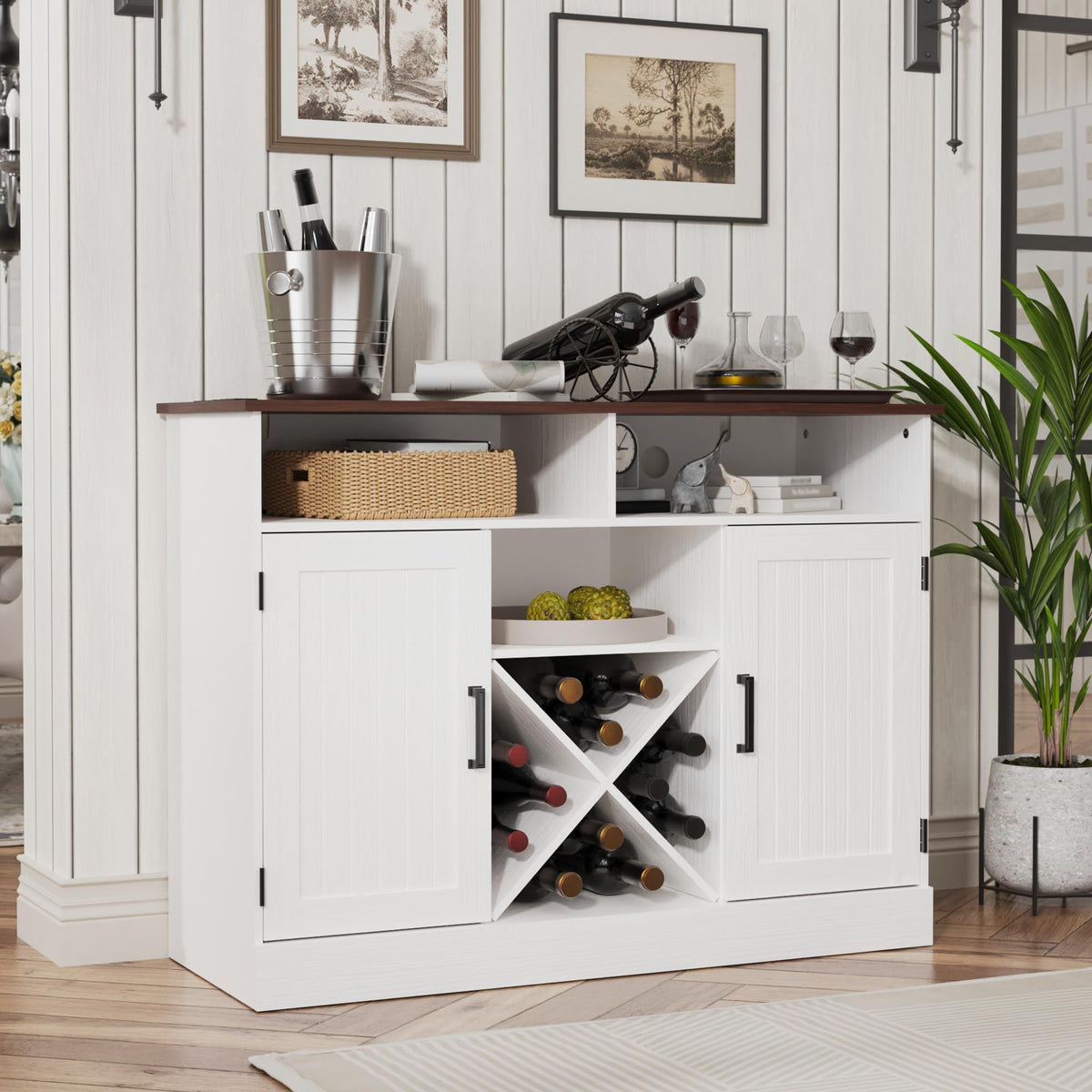 Farmhouse Coffee Bar Cabinet with Power Outlets and Wine Rack