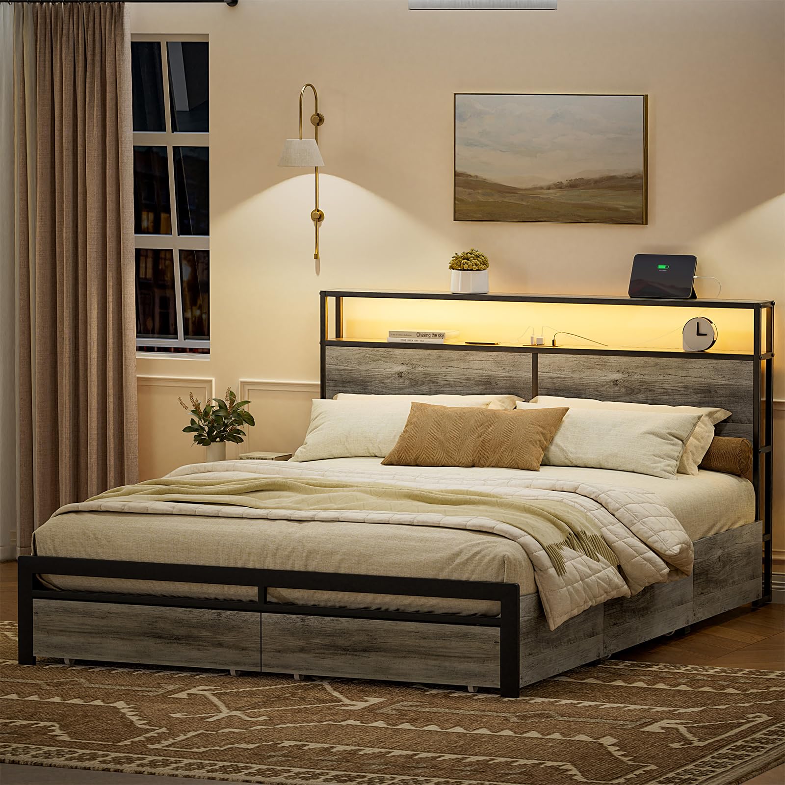 Queen Bed Frame with Bookcase Headboard 2 Storage Drawers LED Lights Metal Platform