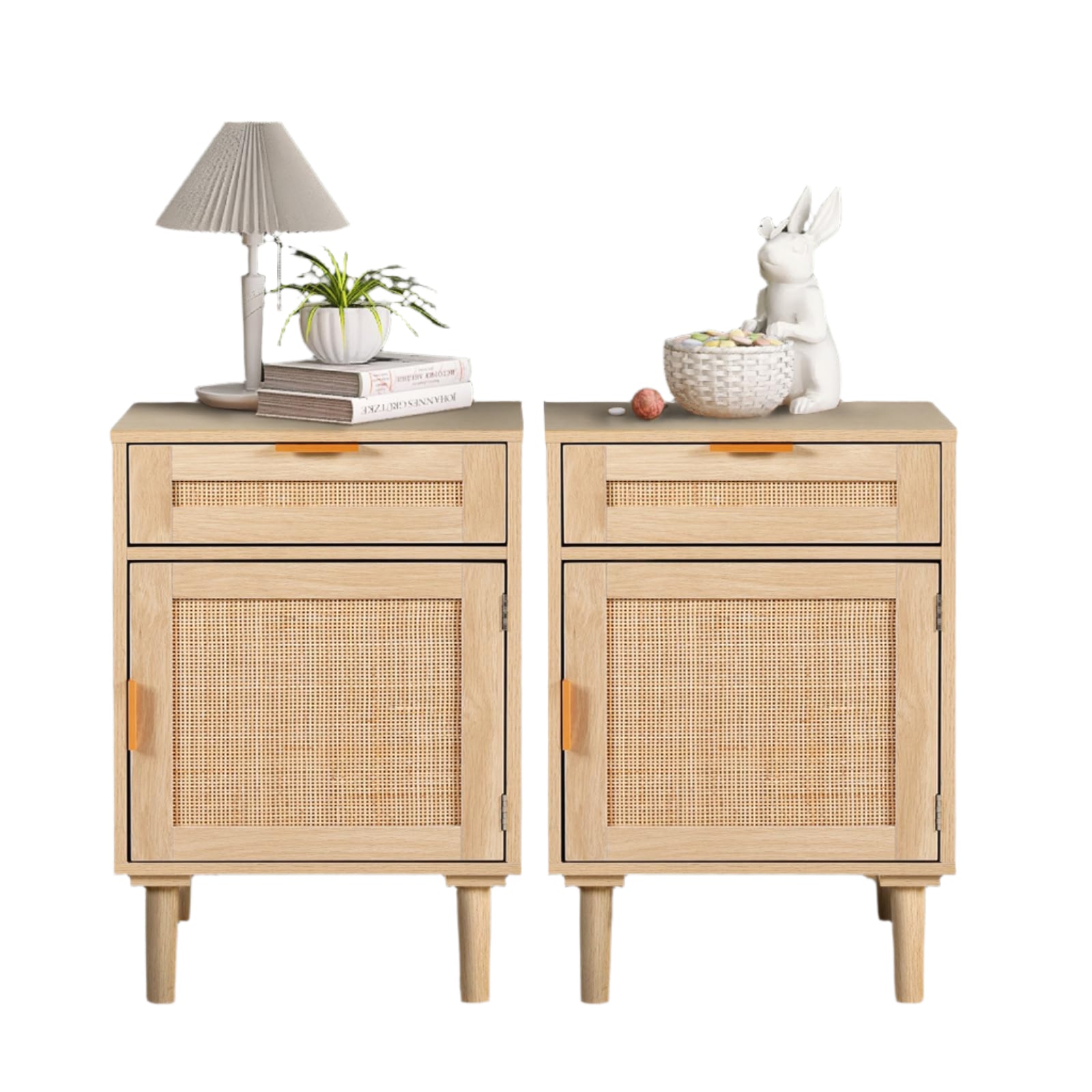 Nightstand Set with Drawers, Boho BedSide Tables, Oak Rattan End Tables