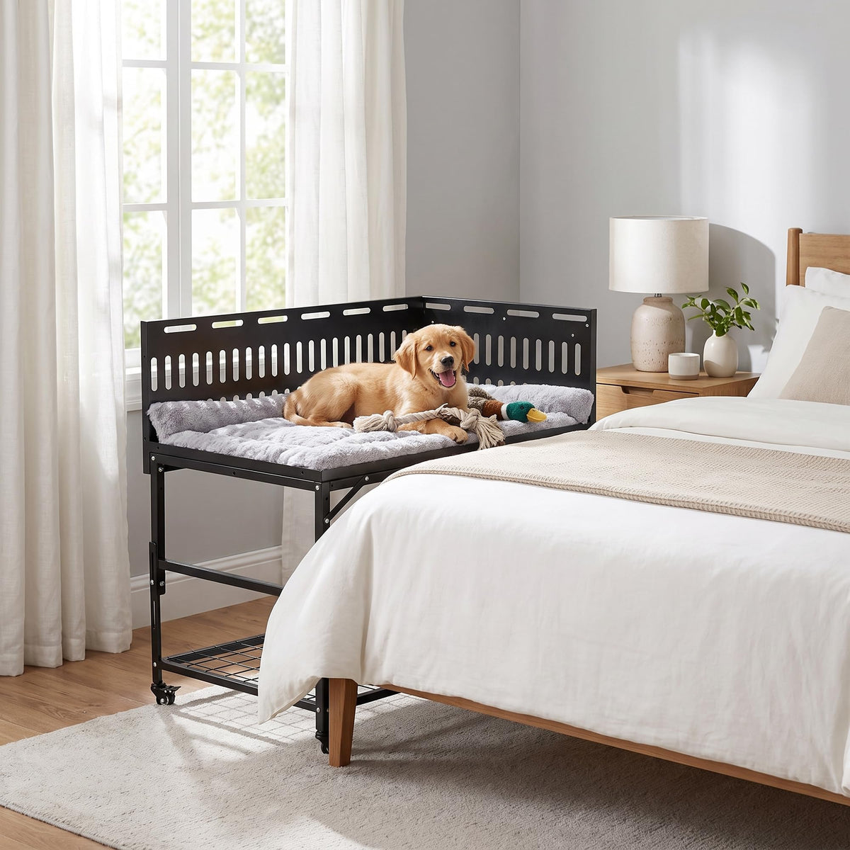 Dual Height Adjustable Dog Bed with Metal Frame & Storage Shelf