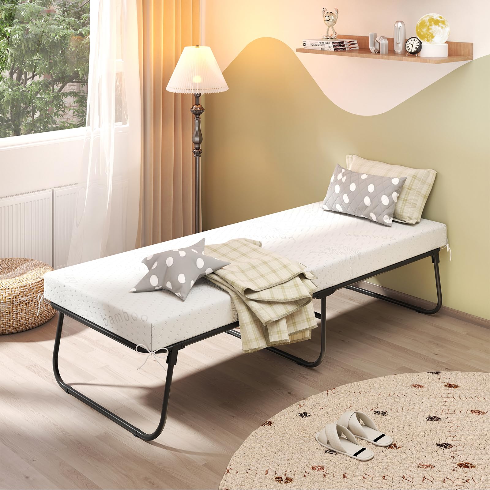 Folding Bed with Mattress, 75" x 31" Rollaway Guest Bed with Memory
