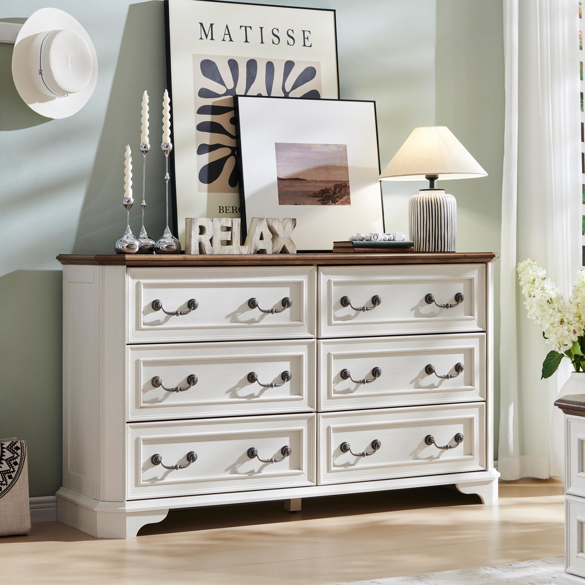 Farmhouse 6 Drawers Dresser for Bedroom, 54" Wide Wood Rustic Chest of Drawers
